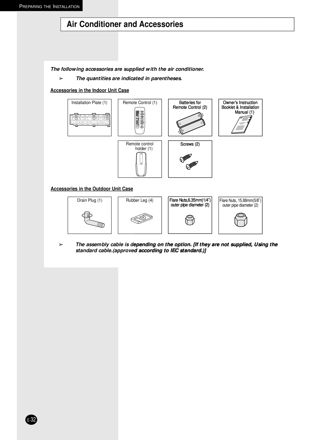 Samsung AQ30C1(2)BC installation manual Air Conditioner and Accessories, Accessories in the Indoor Unit Case 