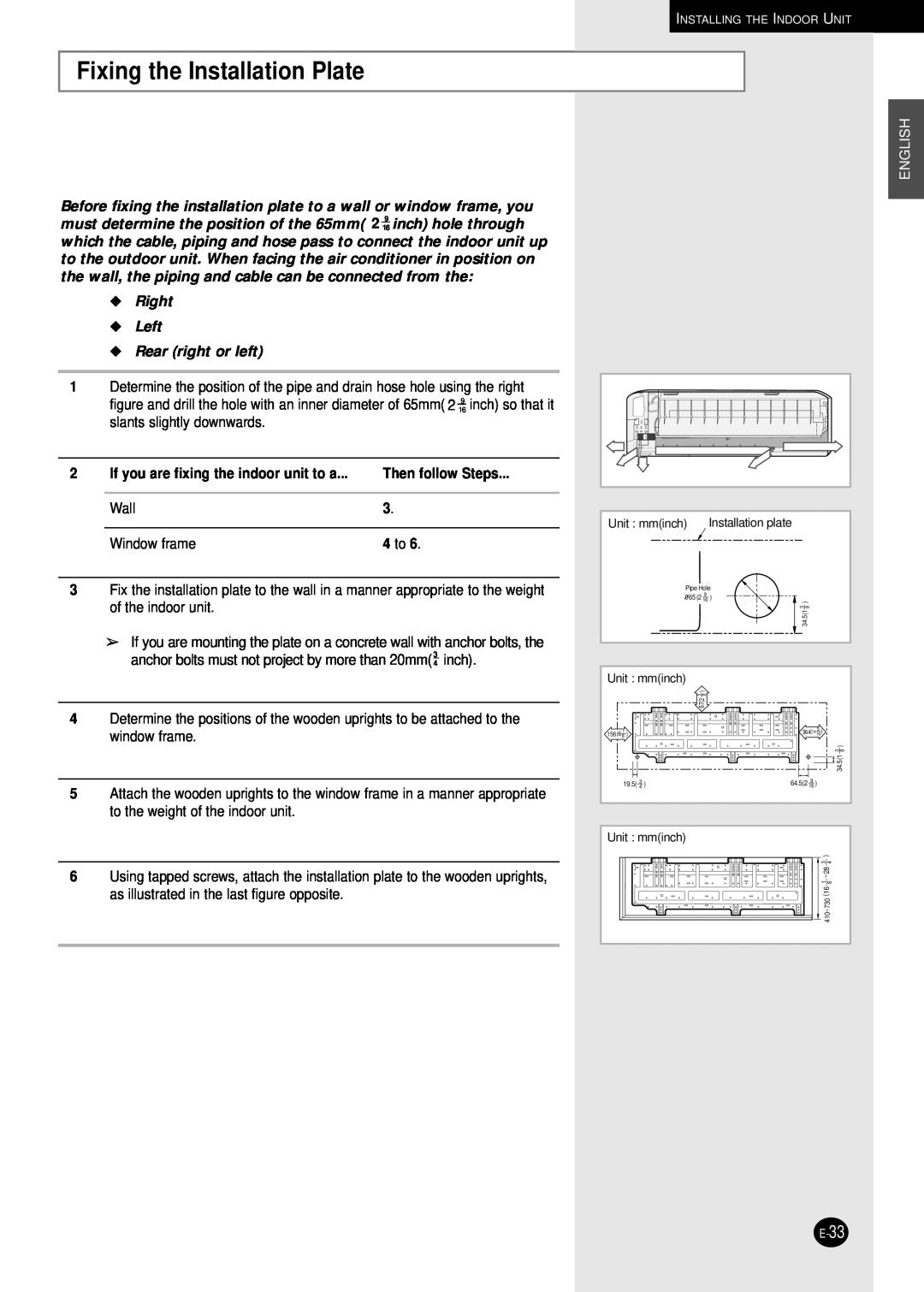 Samsung AQ30C1(2)BC installation manual Fixing the Installation Plate, Then follow Steps, Wall, Window frame, 4 to, English 