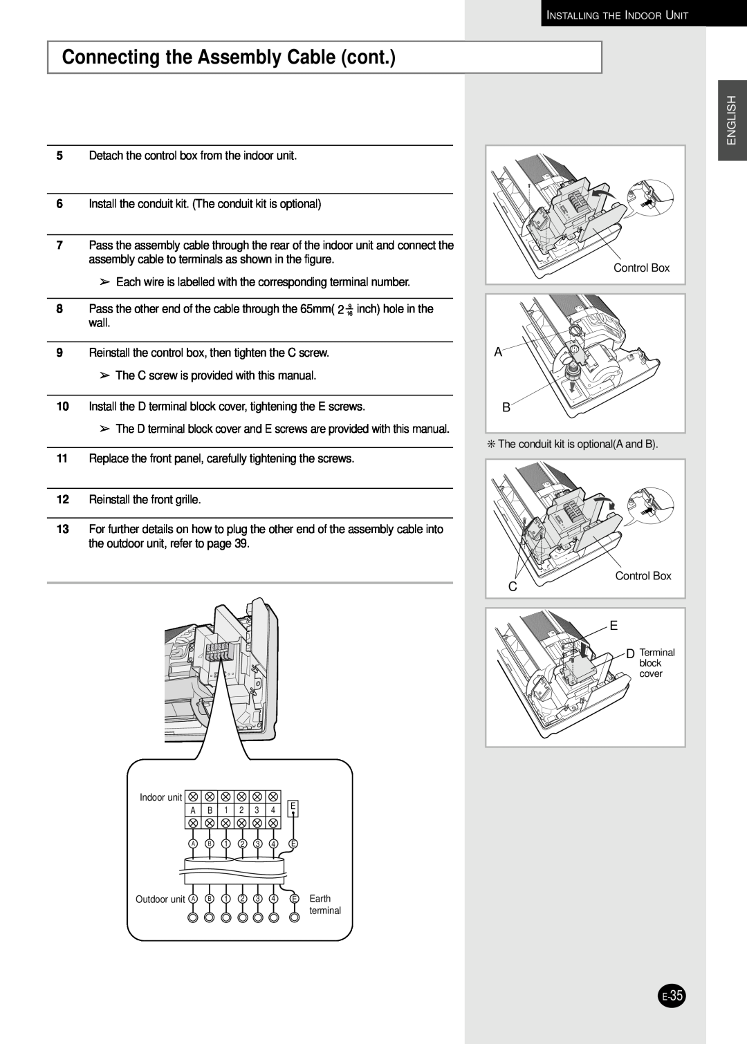 Samsung AQ30C1(2)BC installation manual Connecting the Assembly Cable cont, English 