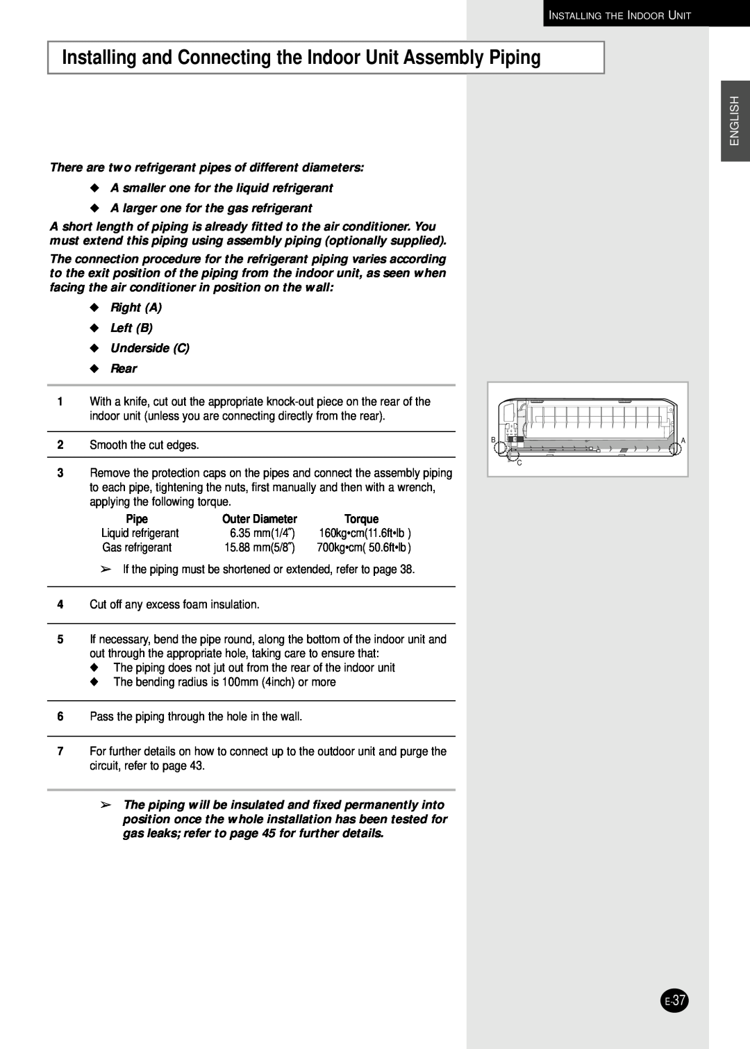 Samsung AQ30C1(2)BC installation manual A smaller one for the liquid refrigerant, Pipe, Torque, English 