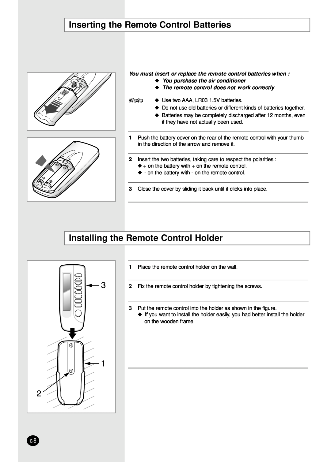 Samsung AQ30C1(2)BC installation manual Inserting the Remote Control Batteries, Installing the Remote Control Holder 