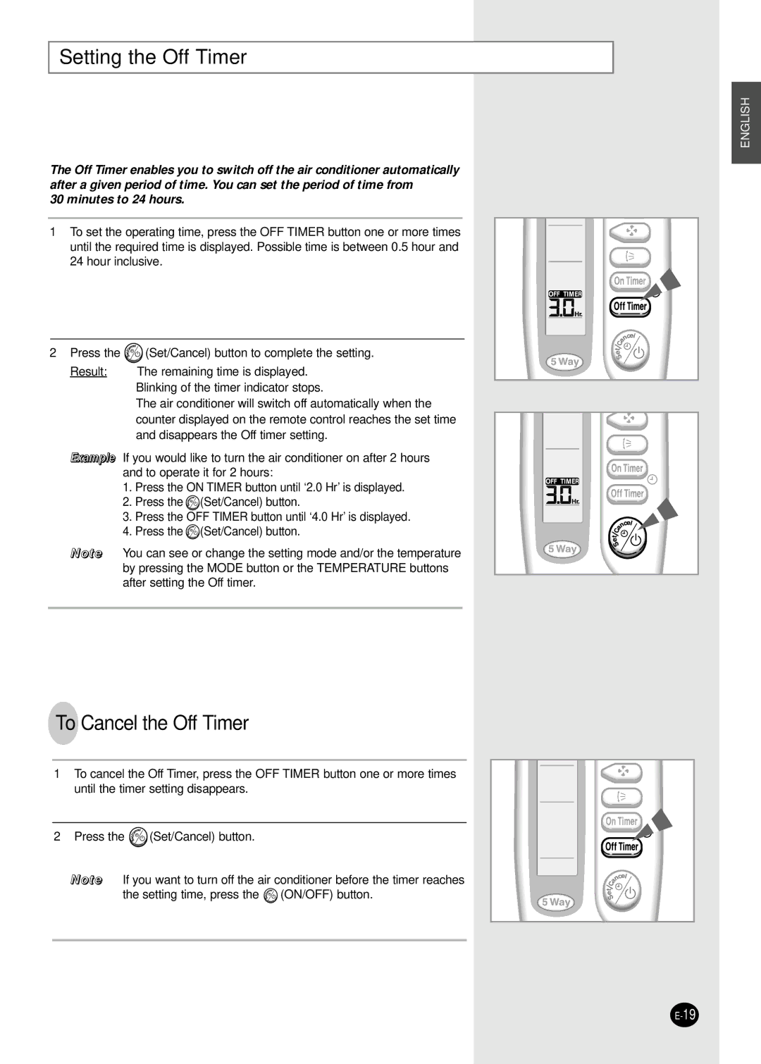 Samsung AQ30C1(2)BCD, UQ30C1(2)BCD installation manual Setting the Off Timer, To Cancel the Off Timer 