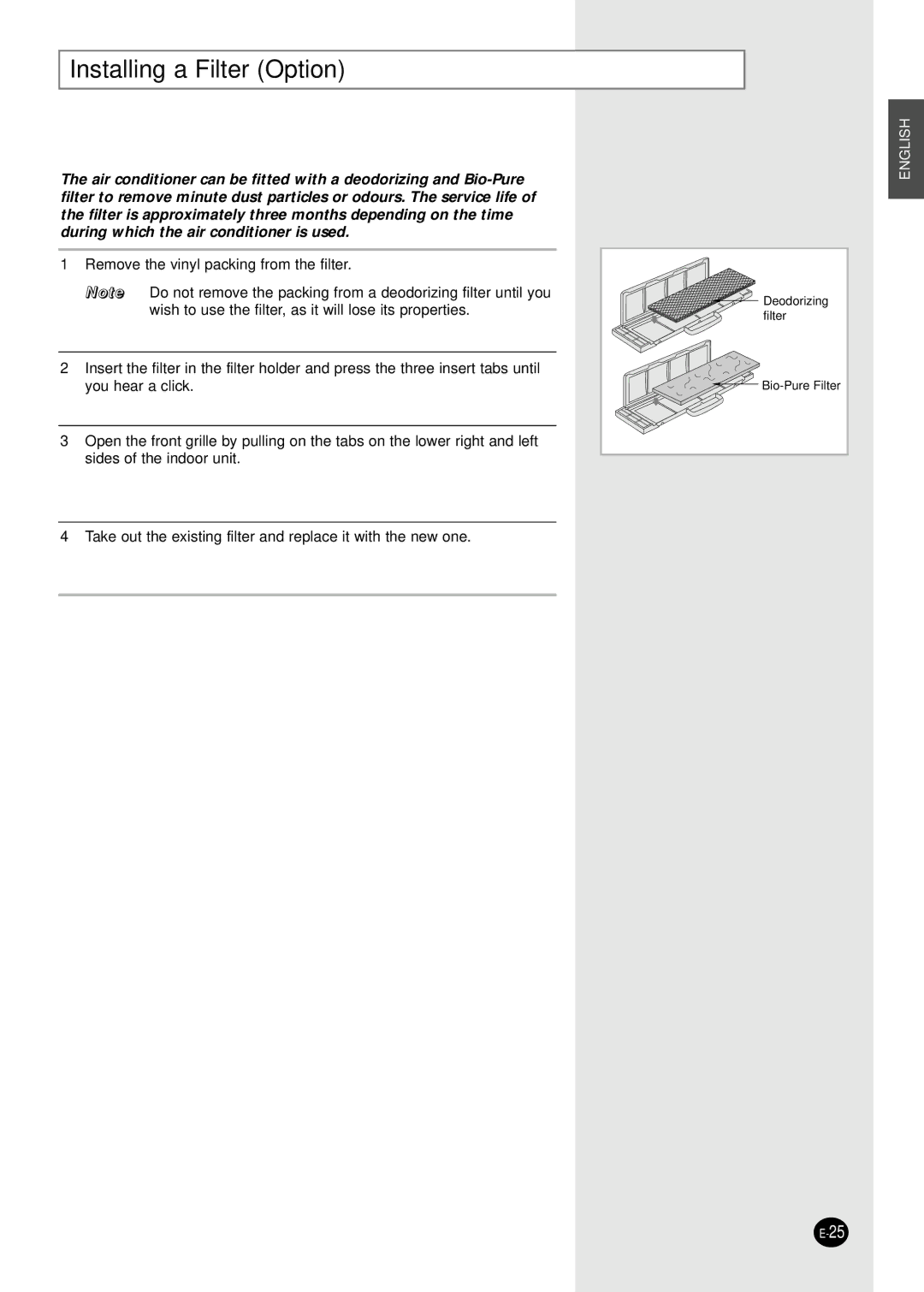 Samsung AQ30C1(2)BCD, UQ30C1(2)BCD installation manual Installing a Filter Option 