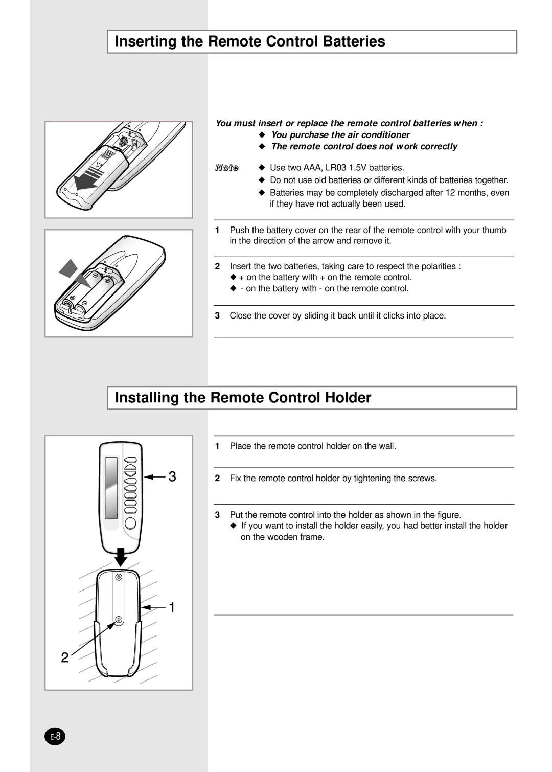 Samsung UQ30C1(2)BCD, AQ30C1(2)BCD Inserting the Remote Control Batteries, Installing the Remote Control Holder 