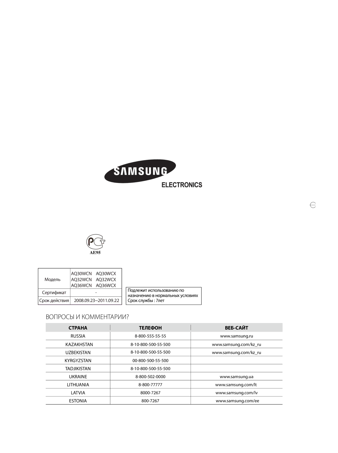 Samsung AQ30WCNSER, AQ30WCXSER manual Вопросы И КОММЕНТАРИИ? 