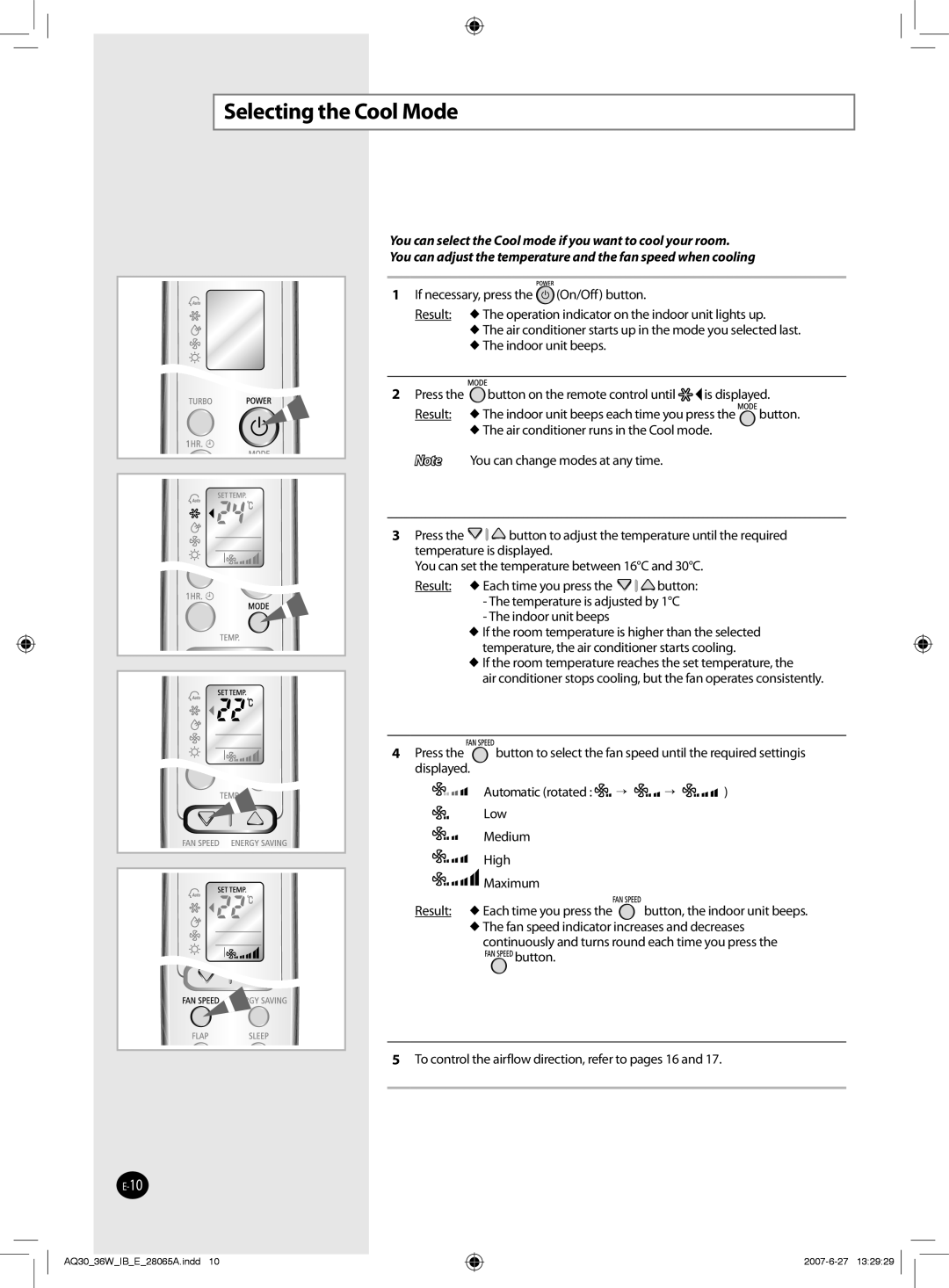 Samsung AQ30WCXSER, AQ30WCNSER manual Selecting the Cool Mode,  