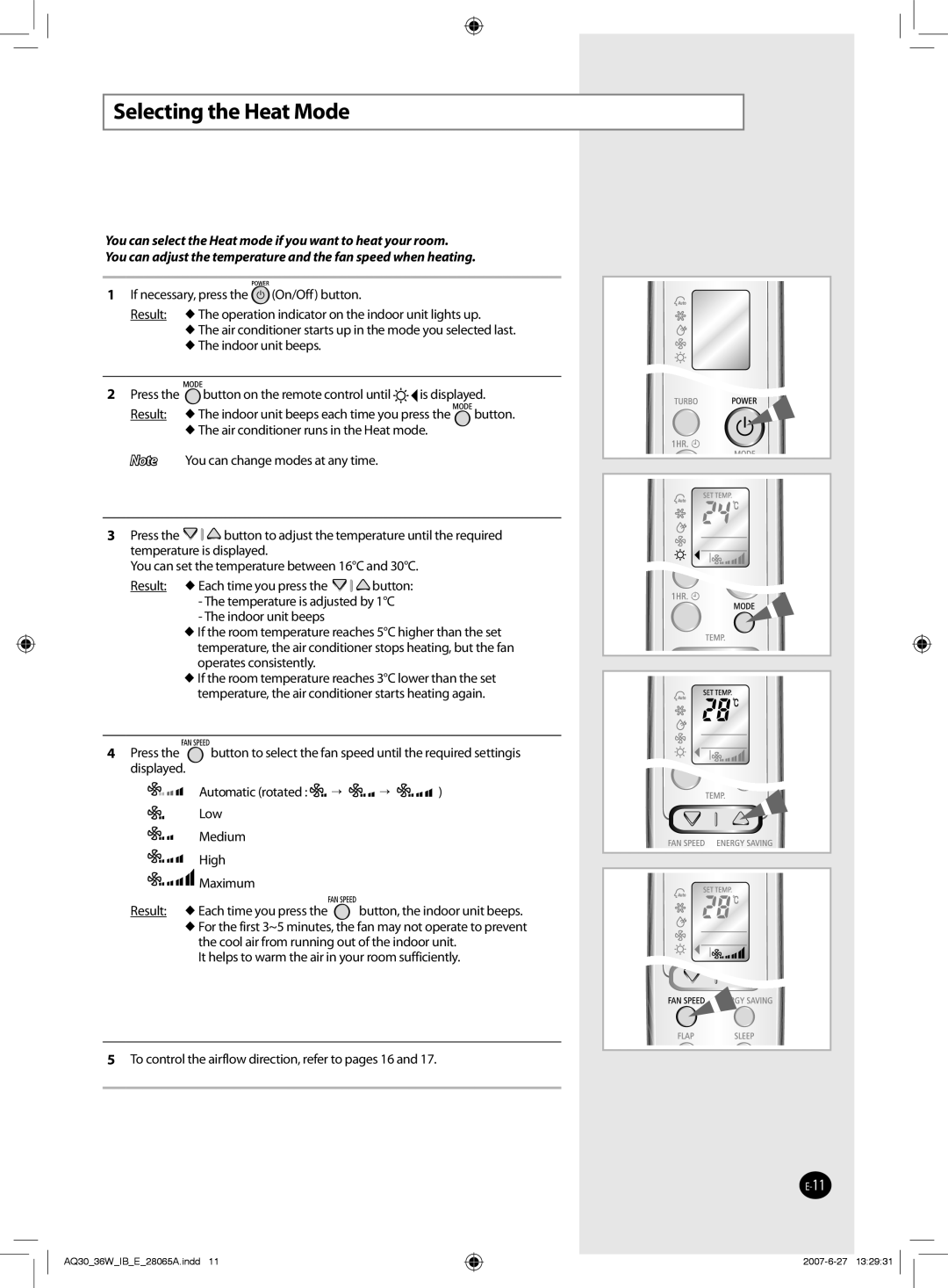 Samsung AQ30WCNSER, AQ30WCXSER manual Selecting the Heat Mode, Displayed Automatic rotated   Low Medium High Maximum 