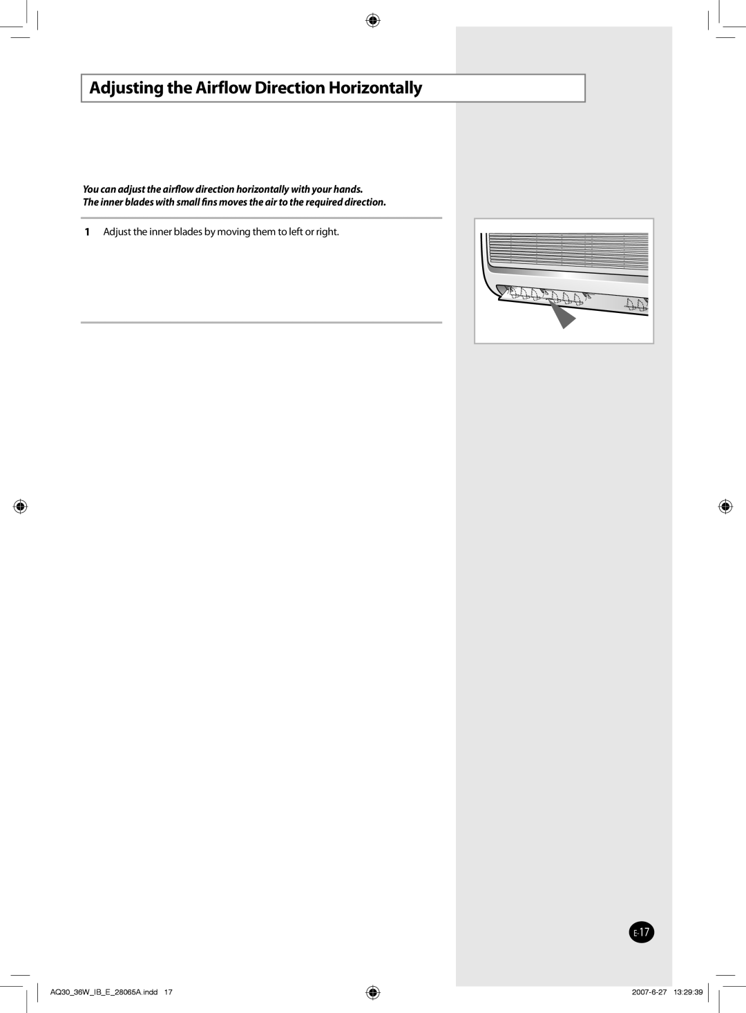 Samsung AQ30WCNSER, AQ30WCXSER manual Adjusting the Airflow Direction Horizontally 