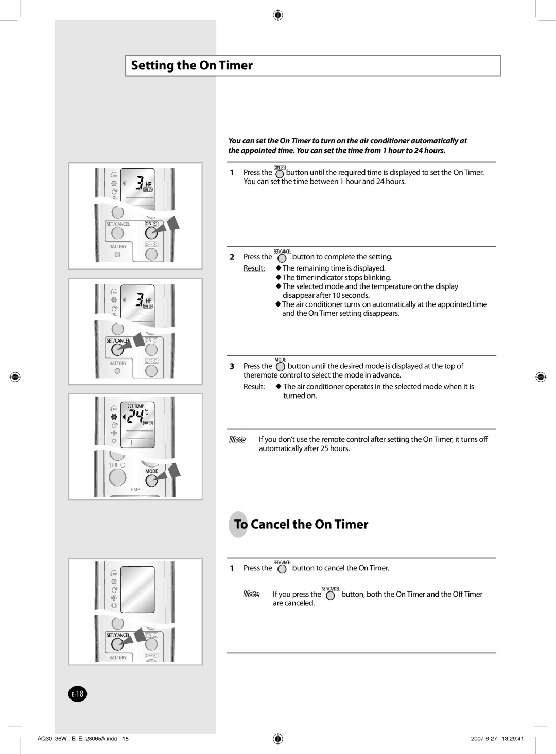 Samsung AQ30WCXSER, AQ30WCNSER manual Setting the On Timer, To Cancel the On Timer 