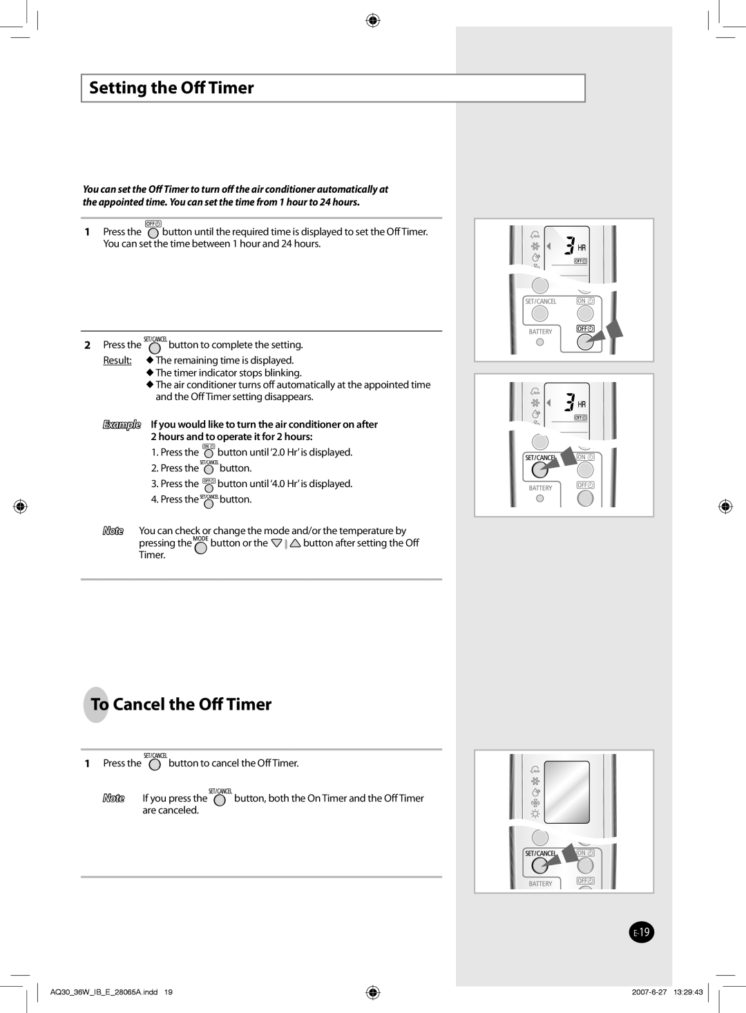 Samsung AQ30WCNSER, AQ30WCXSER manual Setting the Oﬀ Timer, To Cancel the Oﬀ Timer 