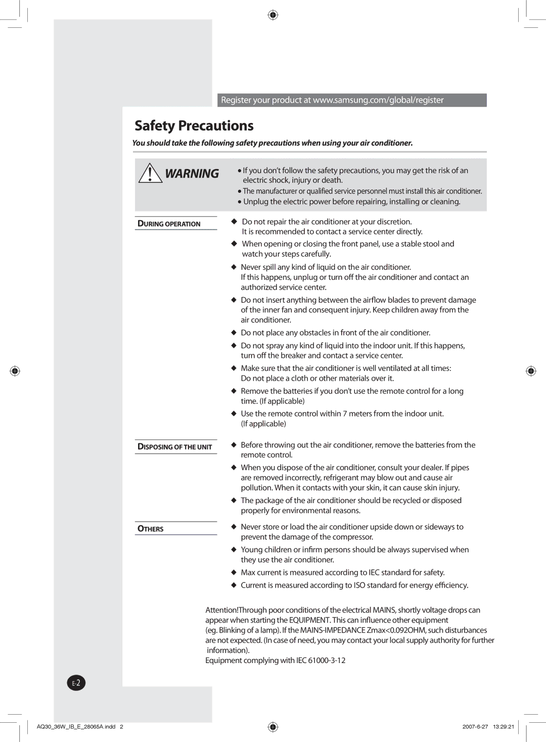 Samsung AQ30WCXSER, AQ30WCNSER manual Safety Precautions 