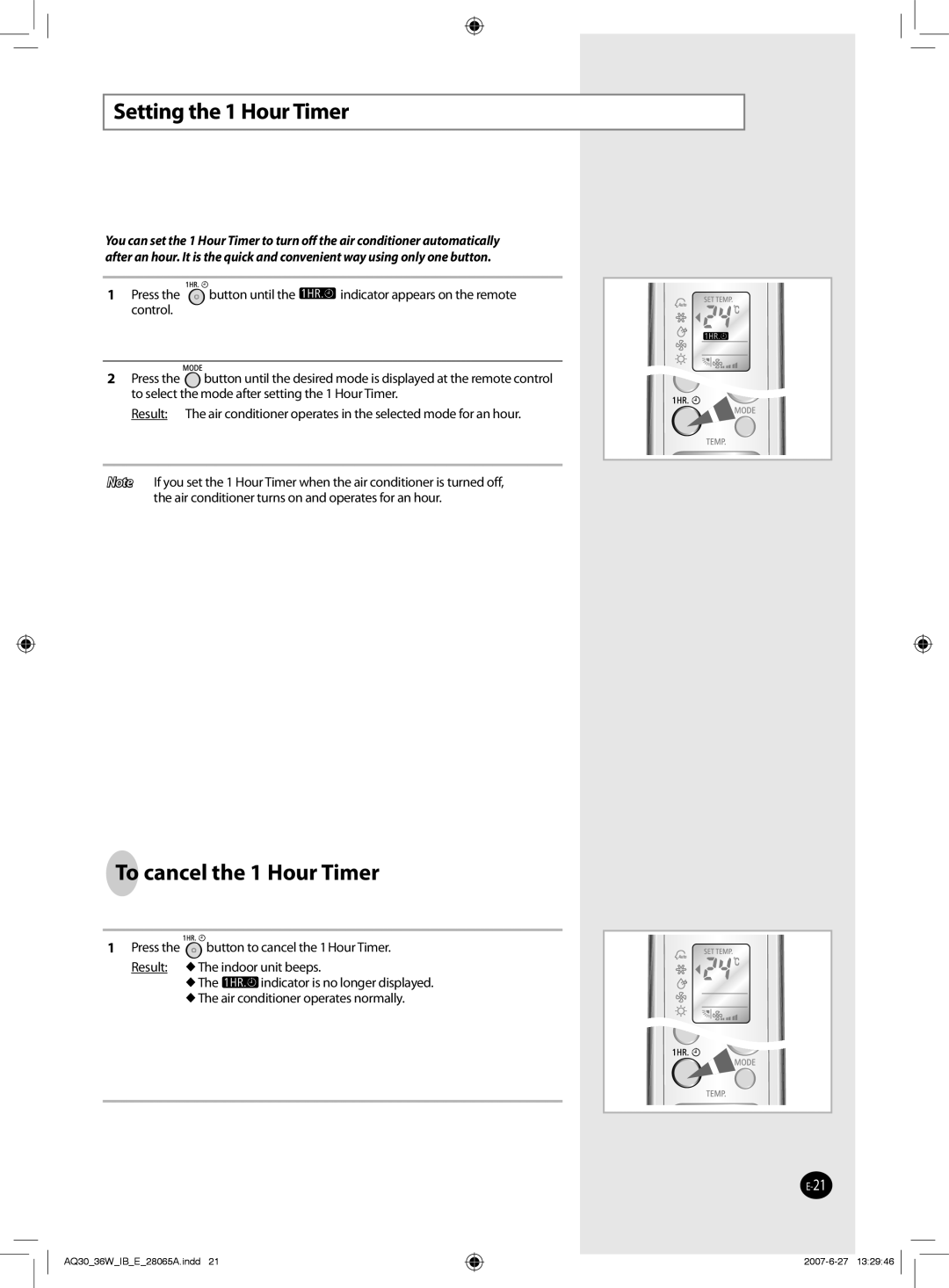 Samsung AQ30WCNSER, AQ30WCXSER manual Setting the 1 Hour Timer, To cancel the 1 Hour Timer 