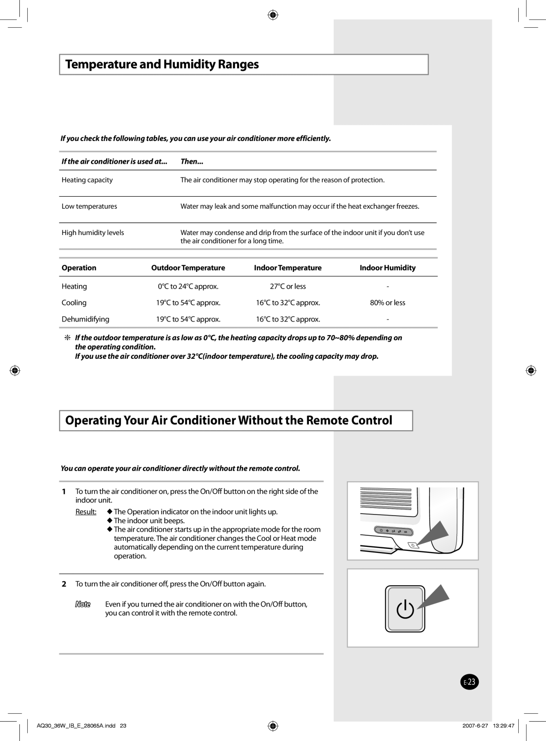 Samsung AQ30WCNSER, AQ30WCXSER Temperature and Humidity Ranges, Operating Your Air Conditioner Without the Remote Control 