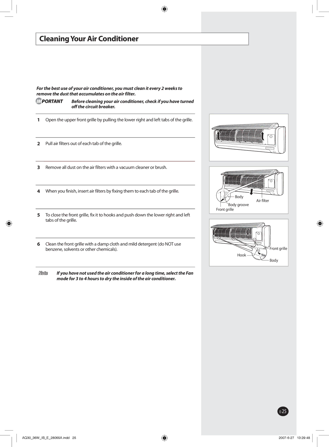 Samsung AQ30WCNSER, AQ30WCXSER manual Cleaning Your Air Conditioner 