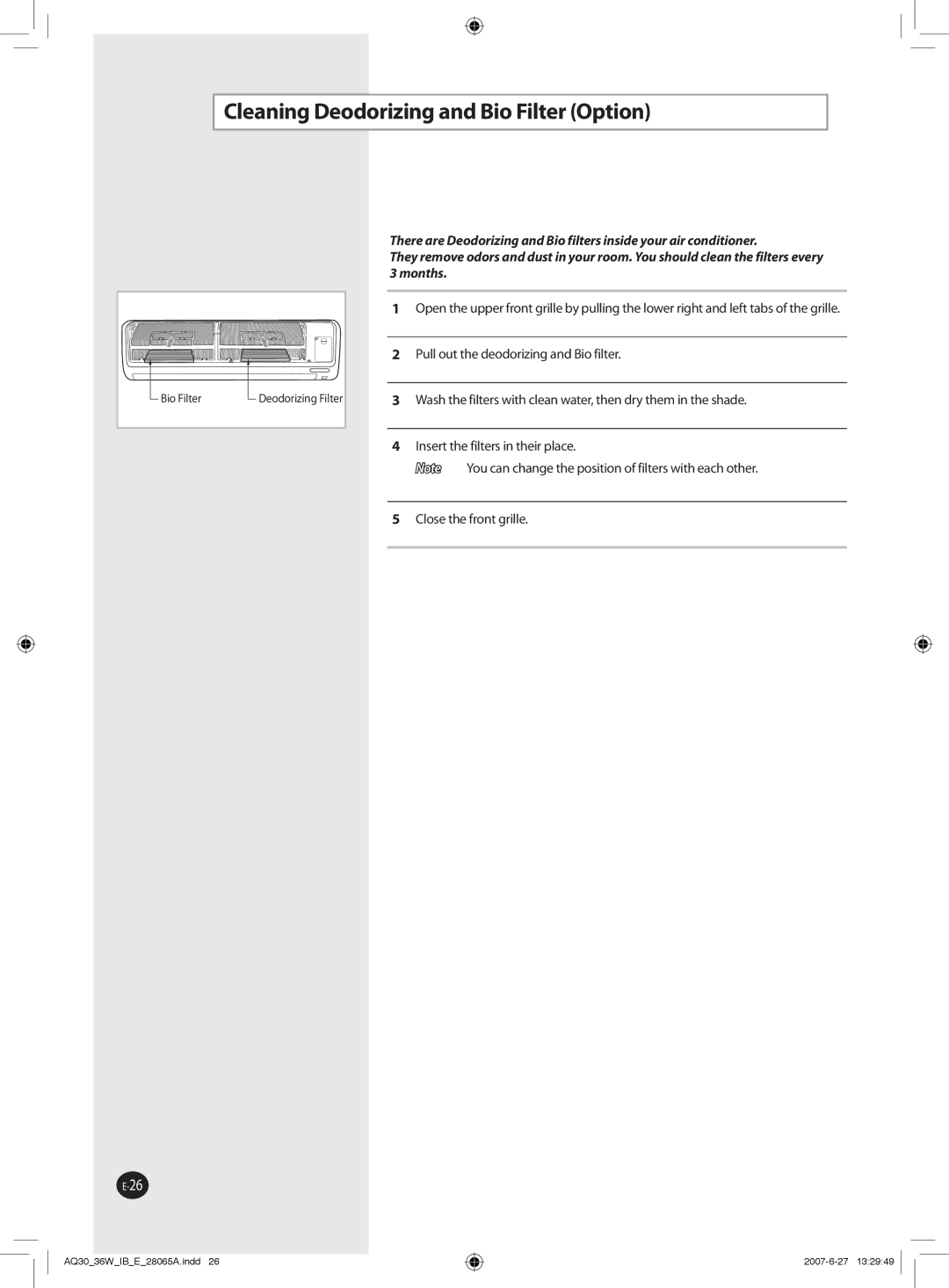 Samsung AQ30WCXSER, AQ30WCNSER manual Cleaning Deodorizing and Bio Filter Option 