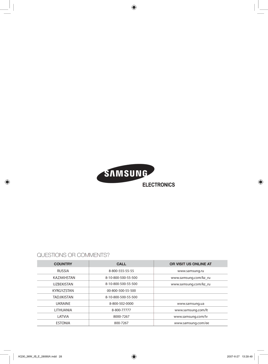 Samsung AQ30WCXSER, AQ30WCNSER manual Questions or COMMENTS? 