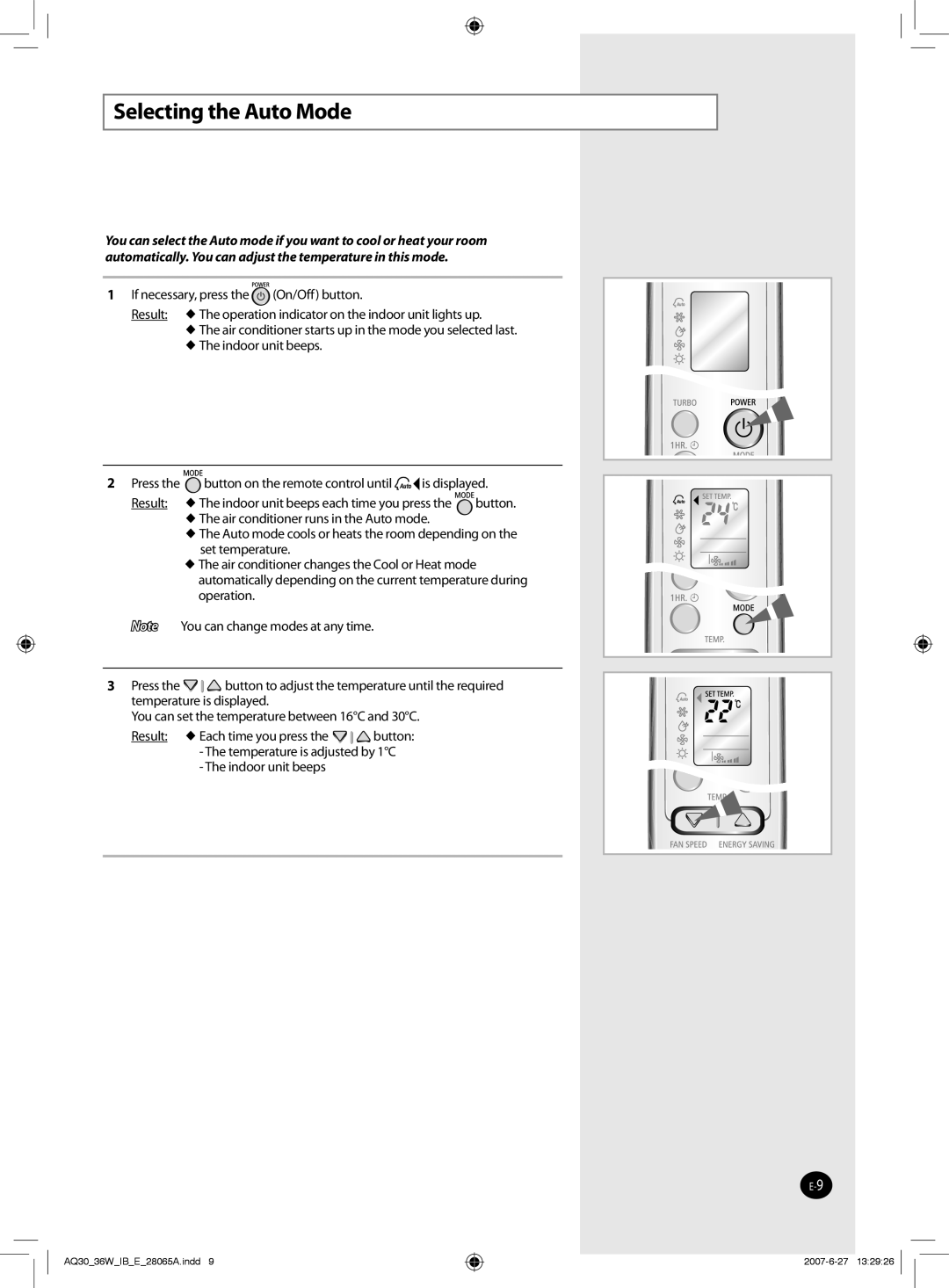 Samsung AQ30WCNSER, AQ30WCXSER manual Selecting the Auto Mode 