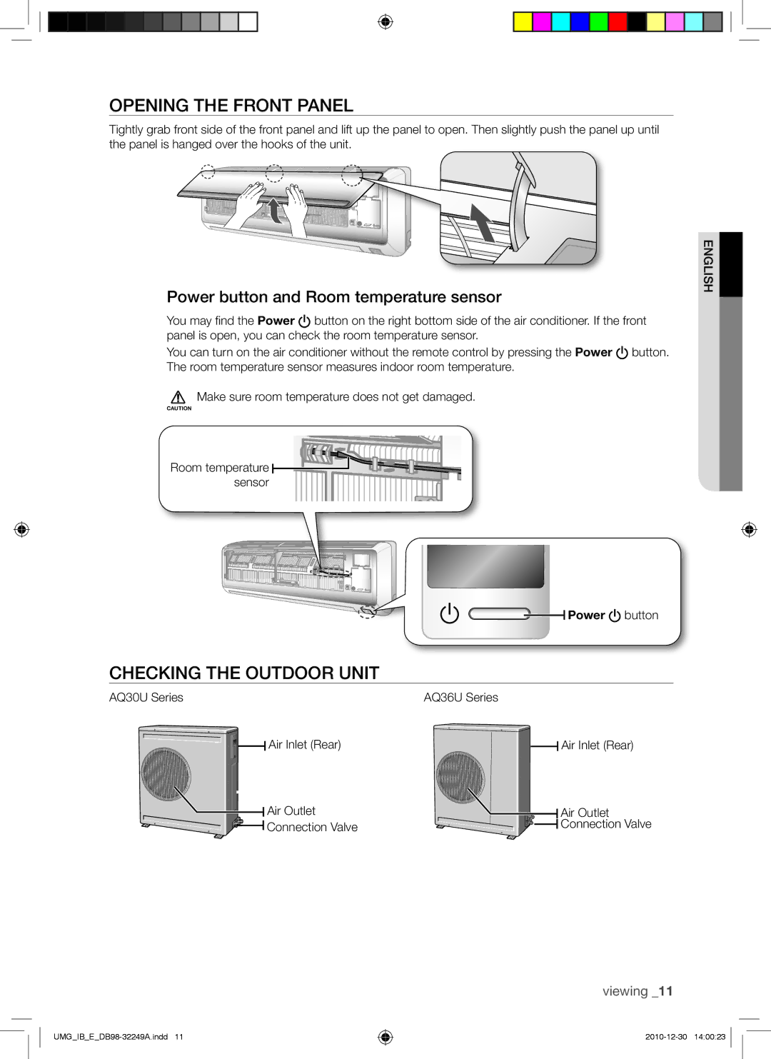 Samsung AQ30UGAXUMG manual Opening the Front Panel, Checking the Outdoor Unit, Power button and Room temperature sensor 