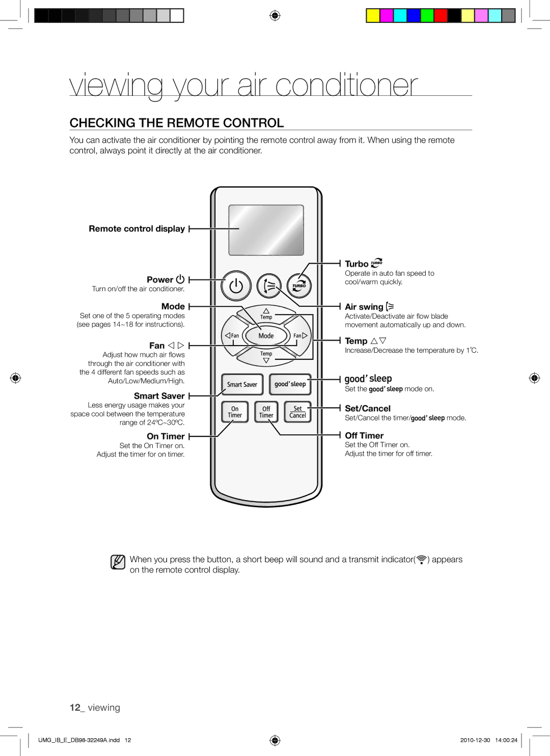 Samsung AQ36UGAXUMG Remote control display Power, Mode, Smart Saver, Turbo, Air swing, Temp , Set/Cancel, Off Timer 