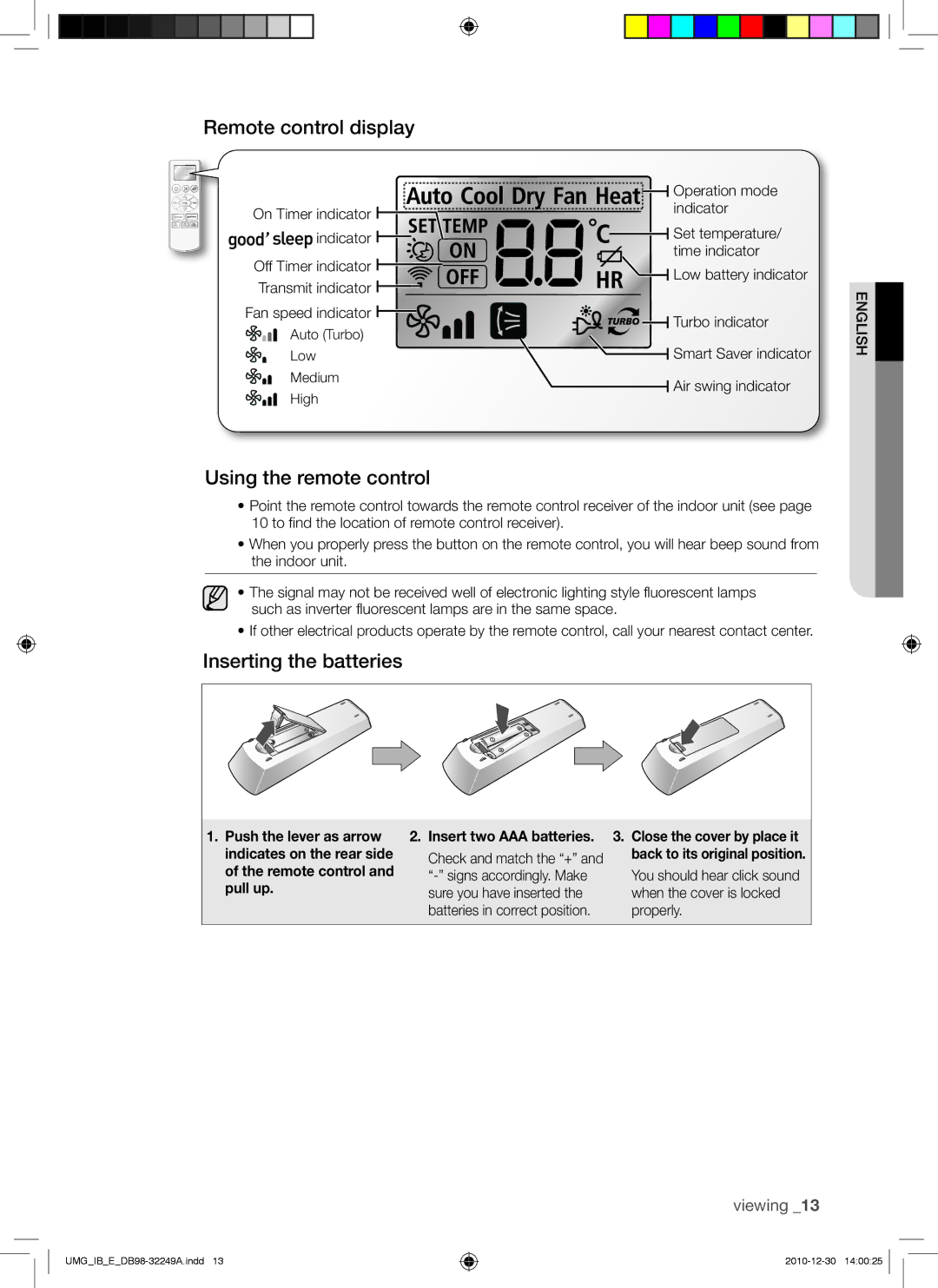 Samsung AQ36UGANUMG, AQ30UGANUMG, AQ30UGAXUMG Remote control display, Using the remote control, Inserting the batteries 