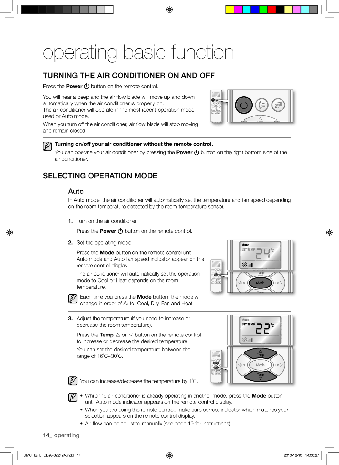 Samsung AQ30UGANUMG manual Operating basic function, Turning the AIR Conditioner on and OFF, Selecting Operation Mode, Auto 