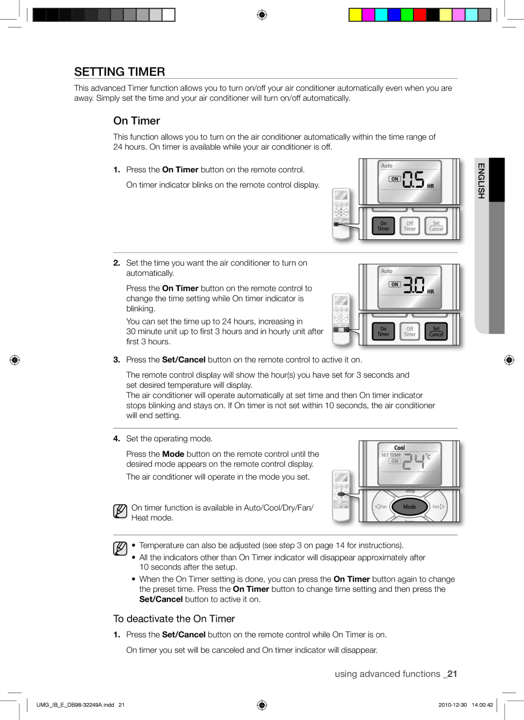 Samsung AQ36UGANUMG, AQ30UGANUMG, AQ30UGAXUMG, AQ36UGAXUMG manual Setting Timer, To deactivate the On Timer 