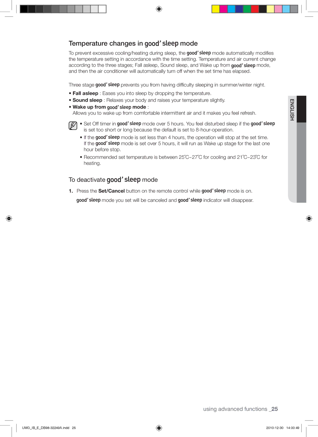 Samsung AQ36UGANUMG, AQ30UGANUMG, AQ30UGAXUMG manual Temperature changes in mode, To deactivate mode, Wake up from mode 