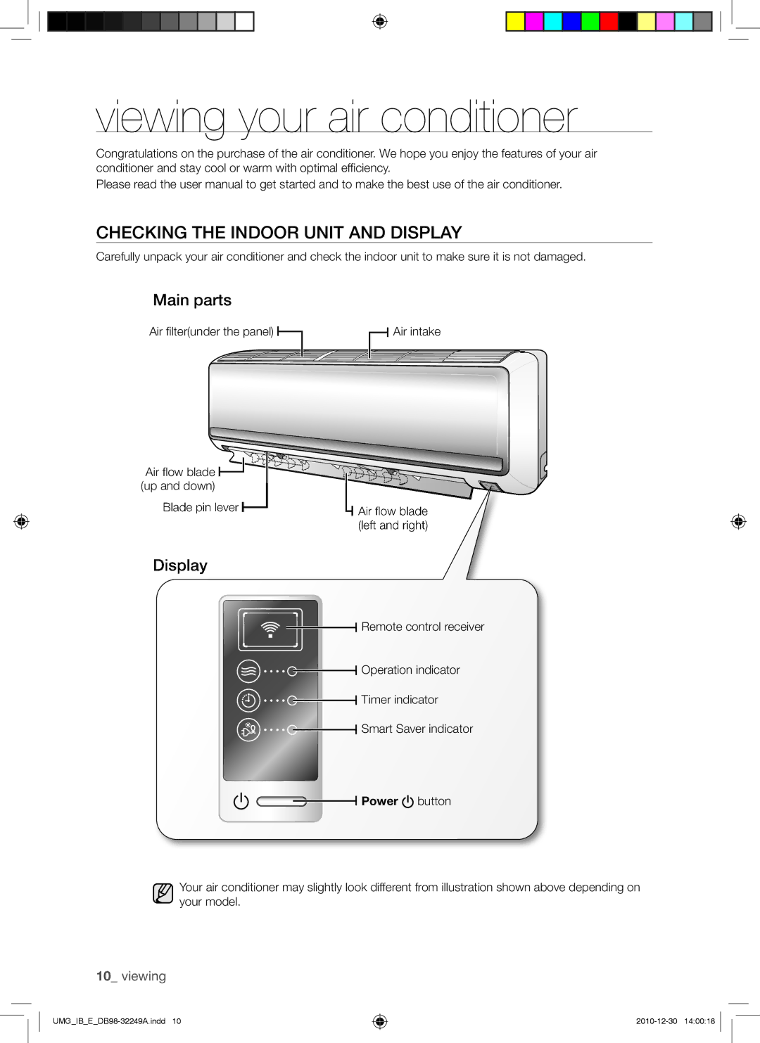 Samsung AQ30UGANUMG manual Viewing your air conditioner, Checking the Indoor Unit and Display, Main parts, Power button 