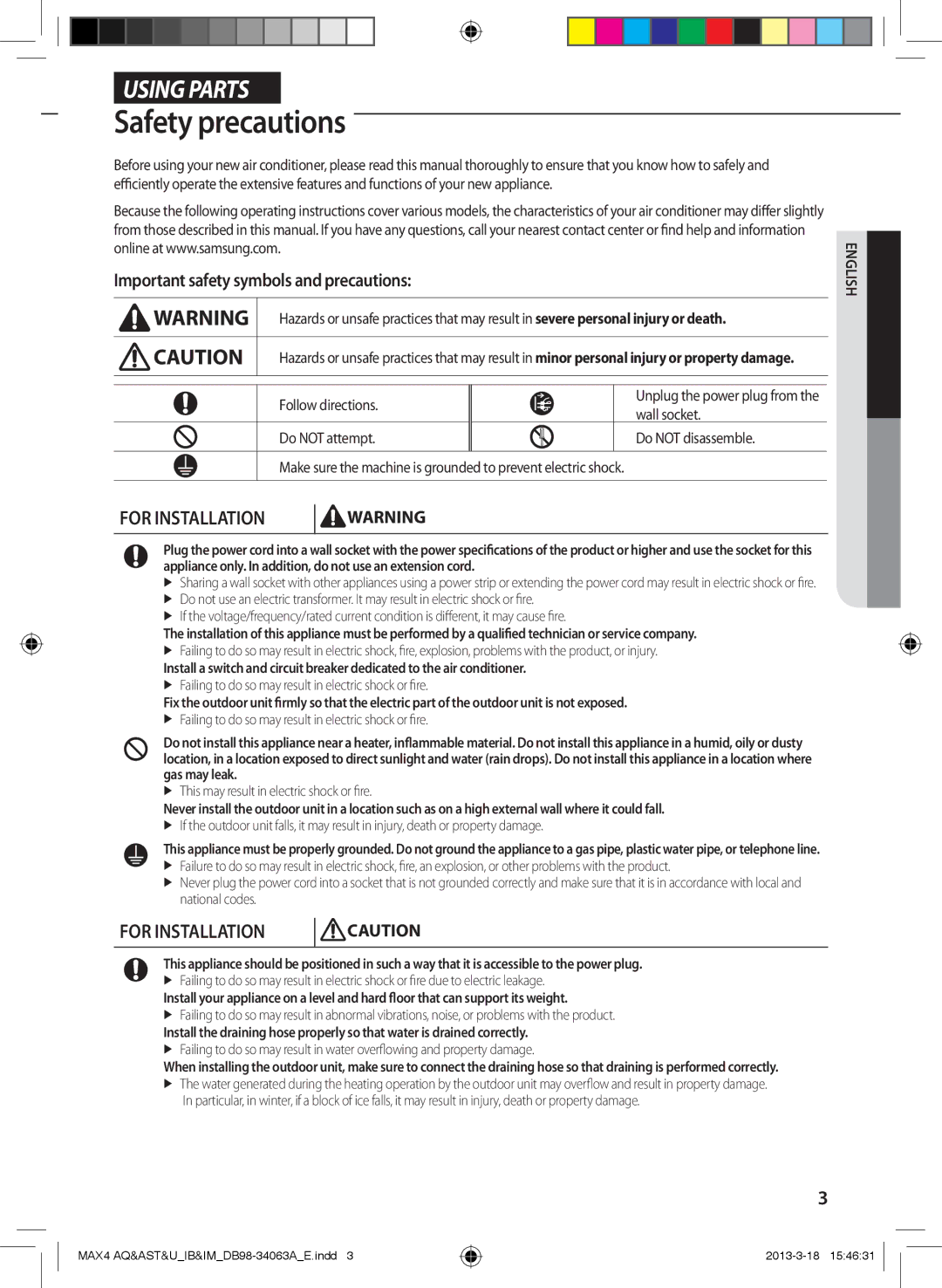 Samsung AQ36UGBXUMG manual SafetAA y precautions, Important safety symbols and precautions, Follow directions, Wall socket 