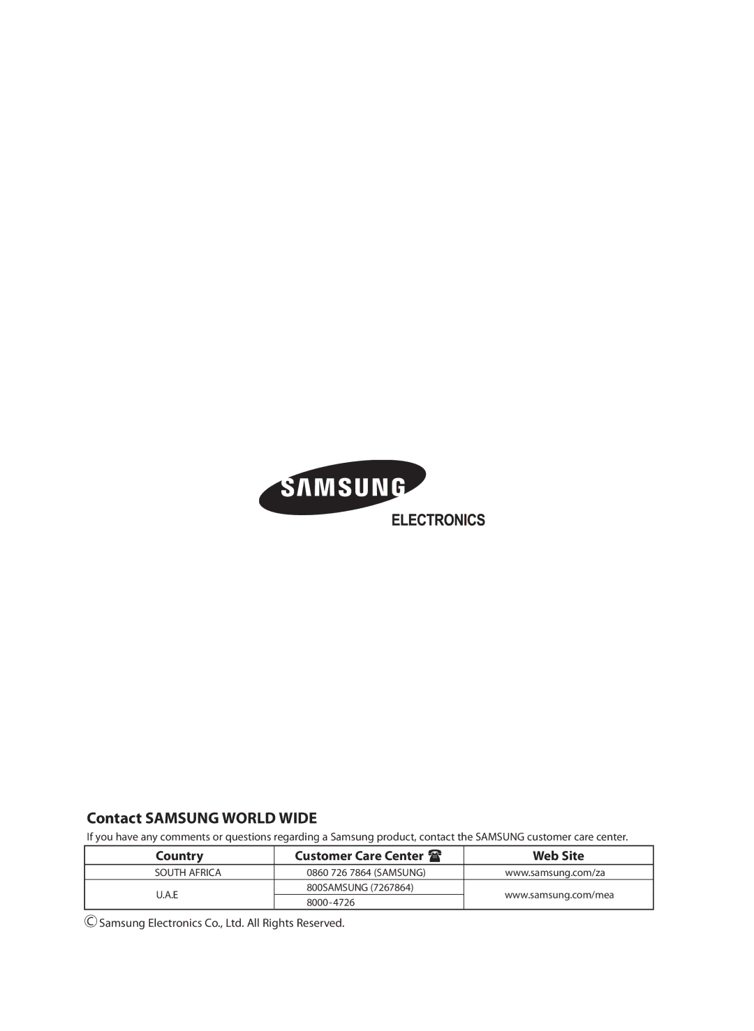 Samsung AQ36WAXUMG, AQ36WANUMG manual Contact Samsung World Wide 