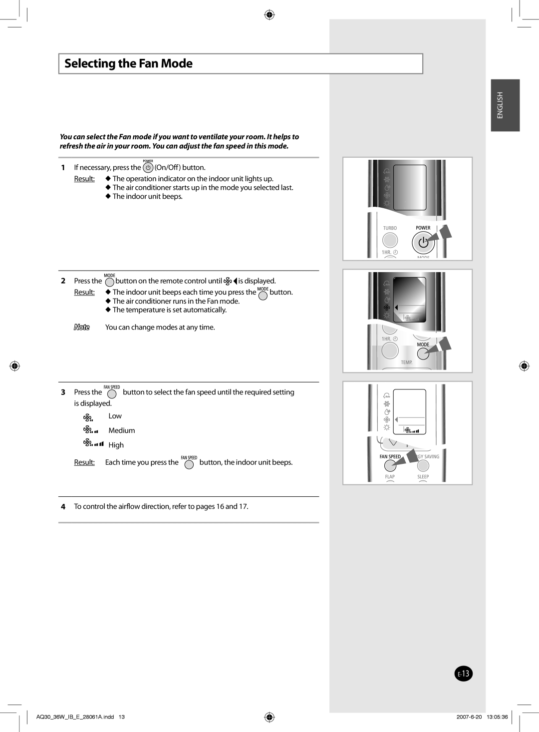 Samsung AQ36WBXUMG, AQ30WBNUMG, AQ30WBUMG, AQ36WBUMG, AQ36WBNUMG, AQ30WBXUMG manual Selecting the Fan Mode 