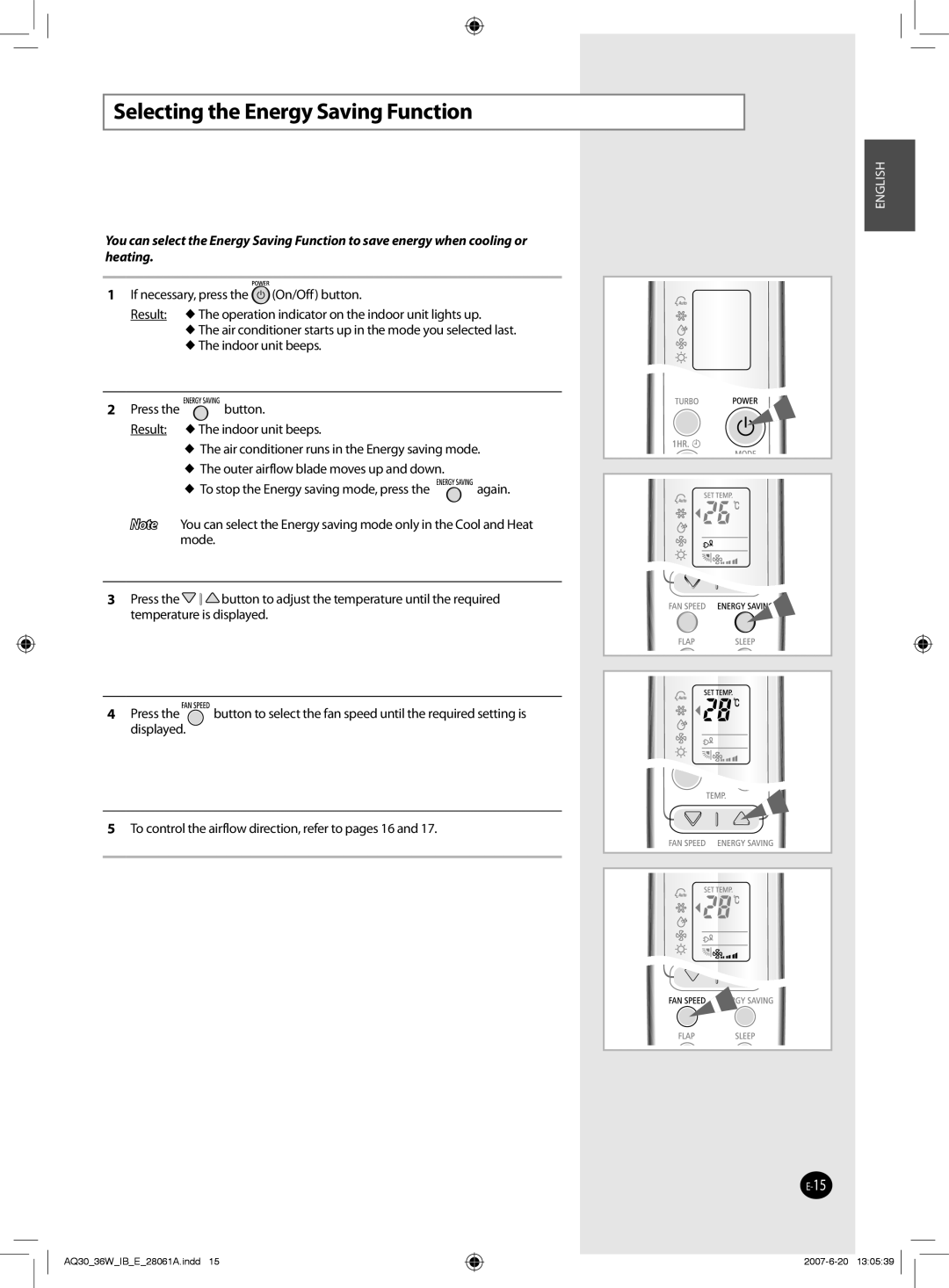 Samsung AQ30WBUMG, AQ36WBXUMG, AQ30WBNUMG, AQ36WBUMG, AQ36WBNUMG, AQ30WBXUMG manual Selecting the Energy Saving Function 