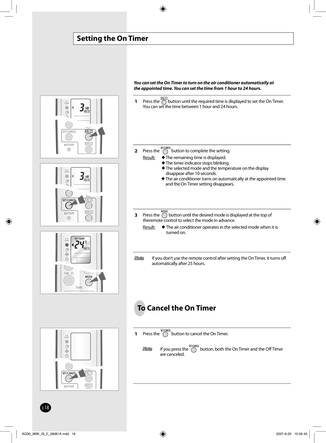 Samsung AQ30WBXUMG, AQ36WBXUMG, AQ30WBNUMG, AQ30WBUMG, AQ36WBUMG, AQ36WBNUMG manual Setting the On Timer, To Cancel the On Timer 