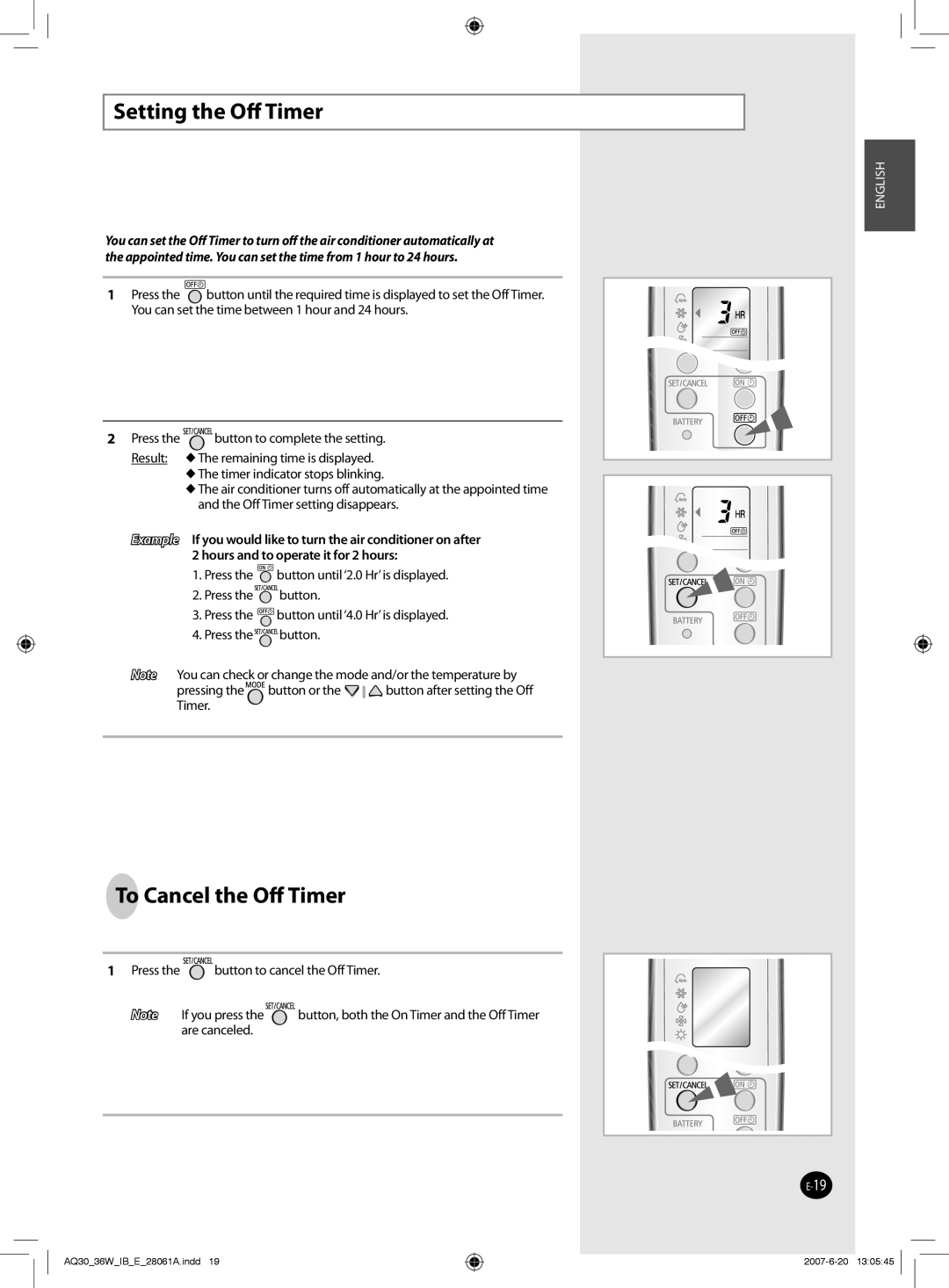 Samsung AQ36WBXUMG, AQ30WBNUMG, AQ30WBUMG, AQ36WBUMG, AQ36WBNUMG, AQ30WBXUMG manual Setting the Oﬀ Timer, To Cancel the Oﬀ Timer 