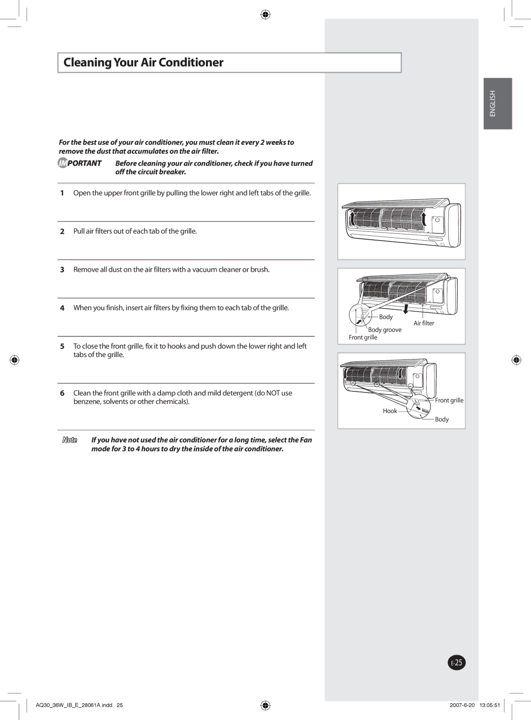 Samsung AQ36WBXUMG, AQ30WBNUMG, AQ30WBUMG, AQ36WBUMG, AQ36WBNUMG, AQ30WBXUMG manual Cleaning Your Air Conditioner 