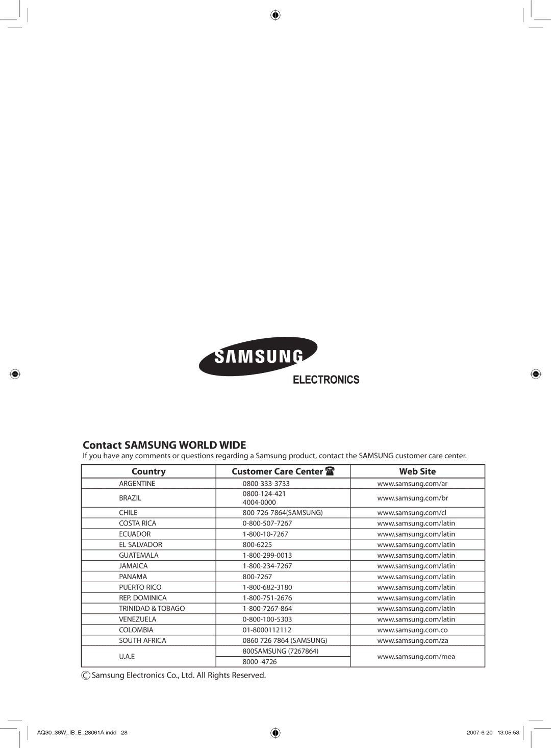 Samsung AQ36WBUMG, AQ36WBXUMG, AQ30WBNUMG, AQ30WBUMG, AQ36WBNUMG, AQ30WBXUMG manual Contact Samsung World Wide 