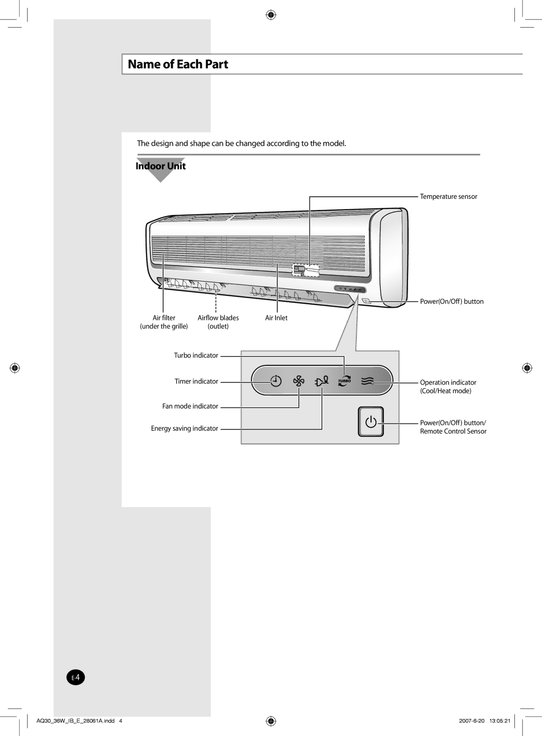 Samsung AQ36WBUMG, AQ36WBXUMG, AQ30WBNUMG, AQ30WBUMG, AQ36WBNUMG, AQ30WBXUMG manual Name of Each Part, Indoor Unit 