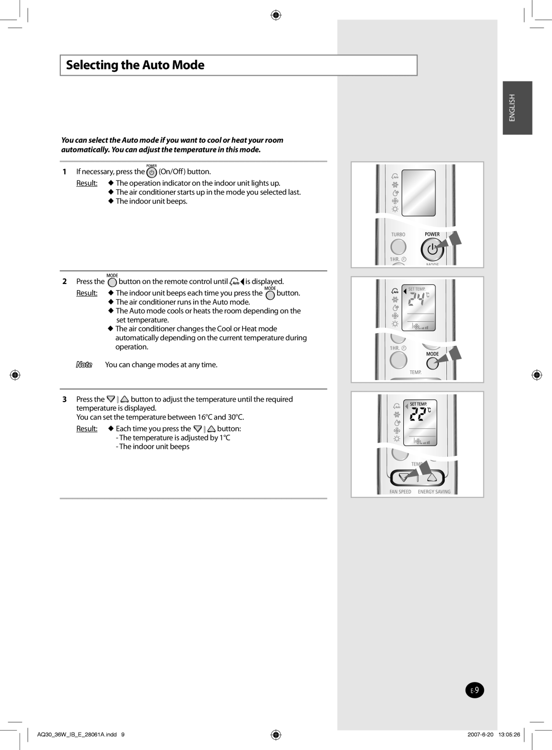 Samsung AQ30WBUMG, AQ36WBXUMG, AQ30WBNUMG, AQ36WBUMG, AQ36WBNUMG, AQ30WBXUMG manual Selecting the Auto Mode 