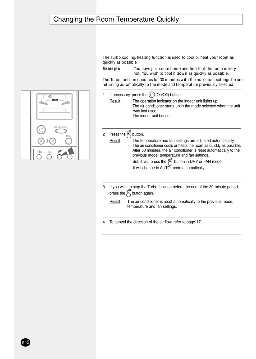 Samsung AQT18P0GB/UMG, AQT24P6GB/UMG, AQT18P0GE-HAC manual Changing the Room Temperature Quickly 