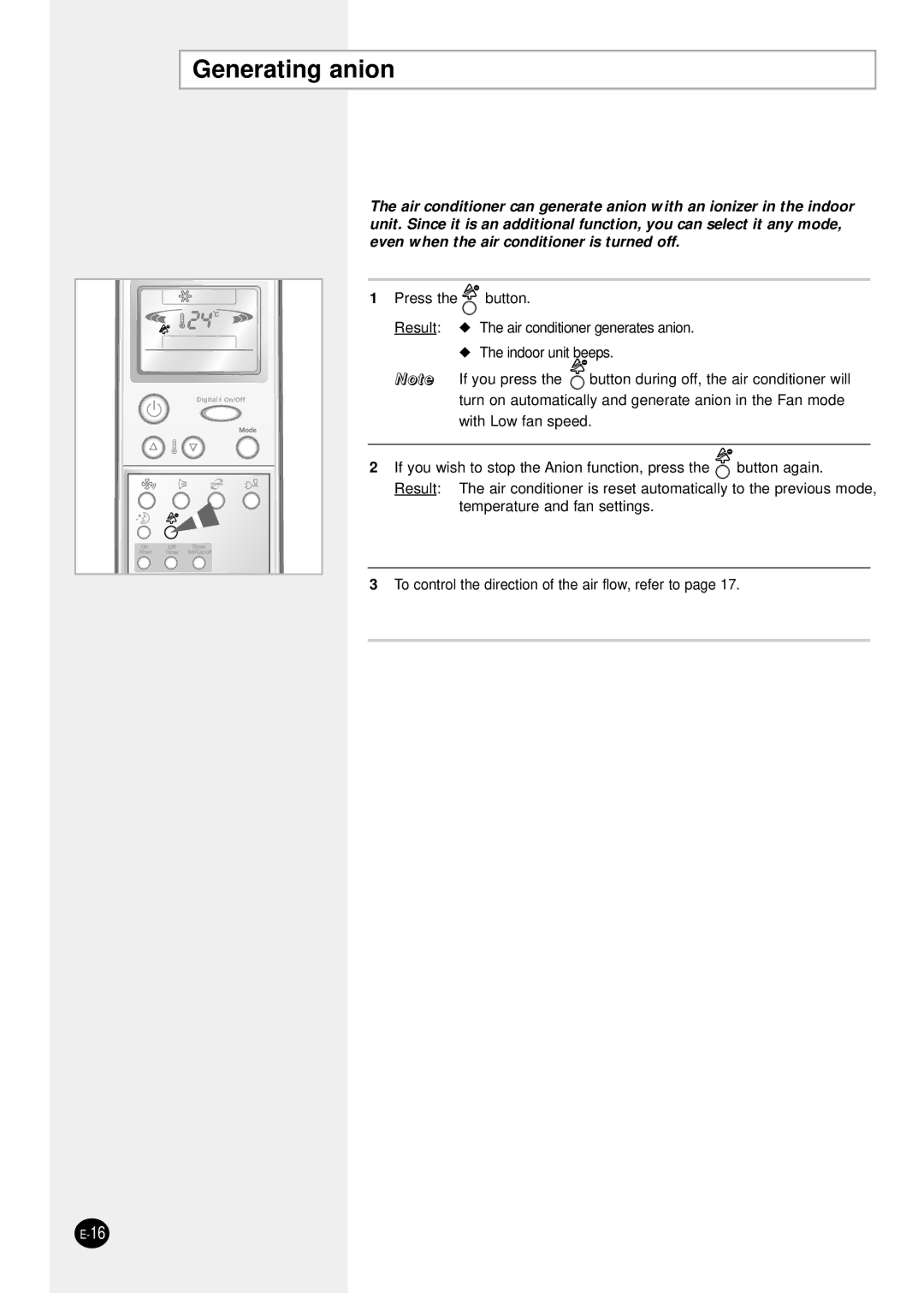 Samsung AQT24P6GB/UMG, AQT18P0GB/UMG, AQT18P0GE-HAC manual Generating anion 