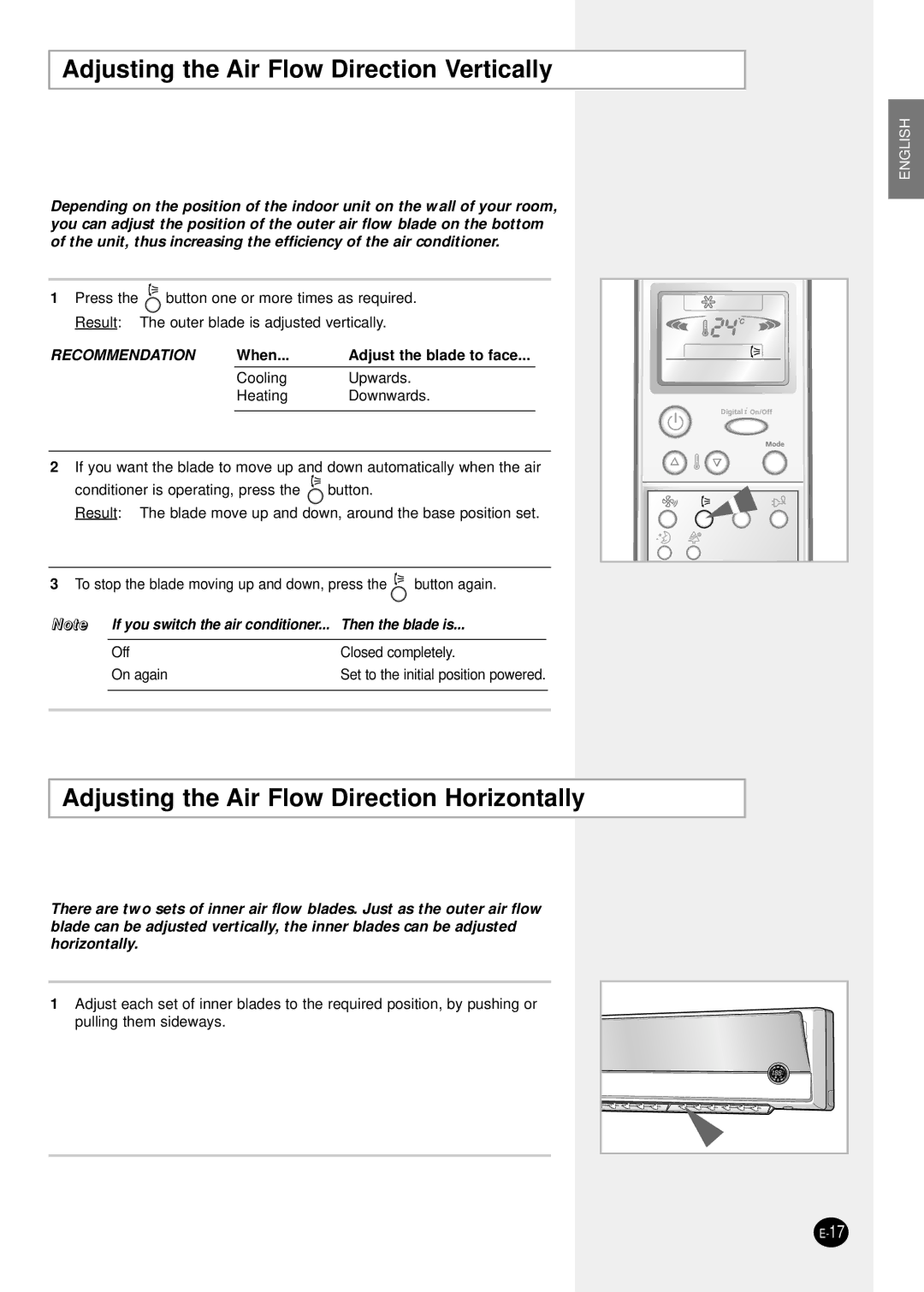 Samsung AQT18P0GE-HAC manual Adjusting the Air Flow Direction Vertically, Adjusting the Air Flow Direction Horizontally 