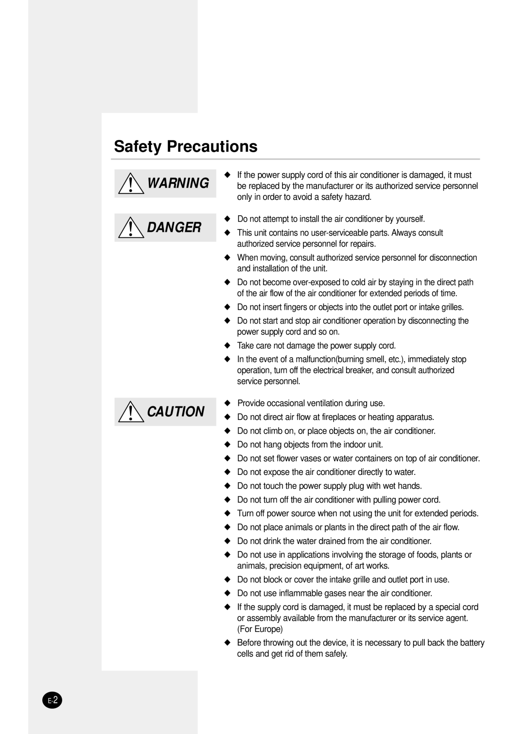 Samsung AQT18P0GE-HAC, AQT18P0GB/UMG, AQT24P6GB/UMG manual Safety Precautions 