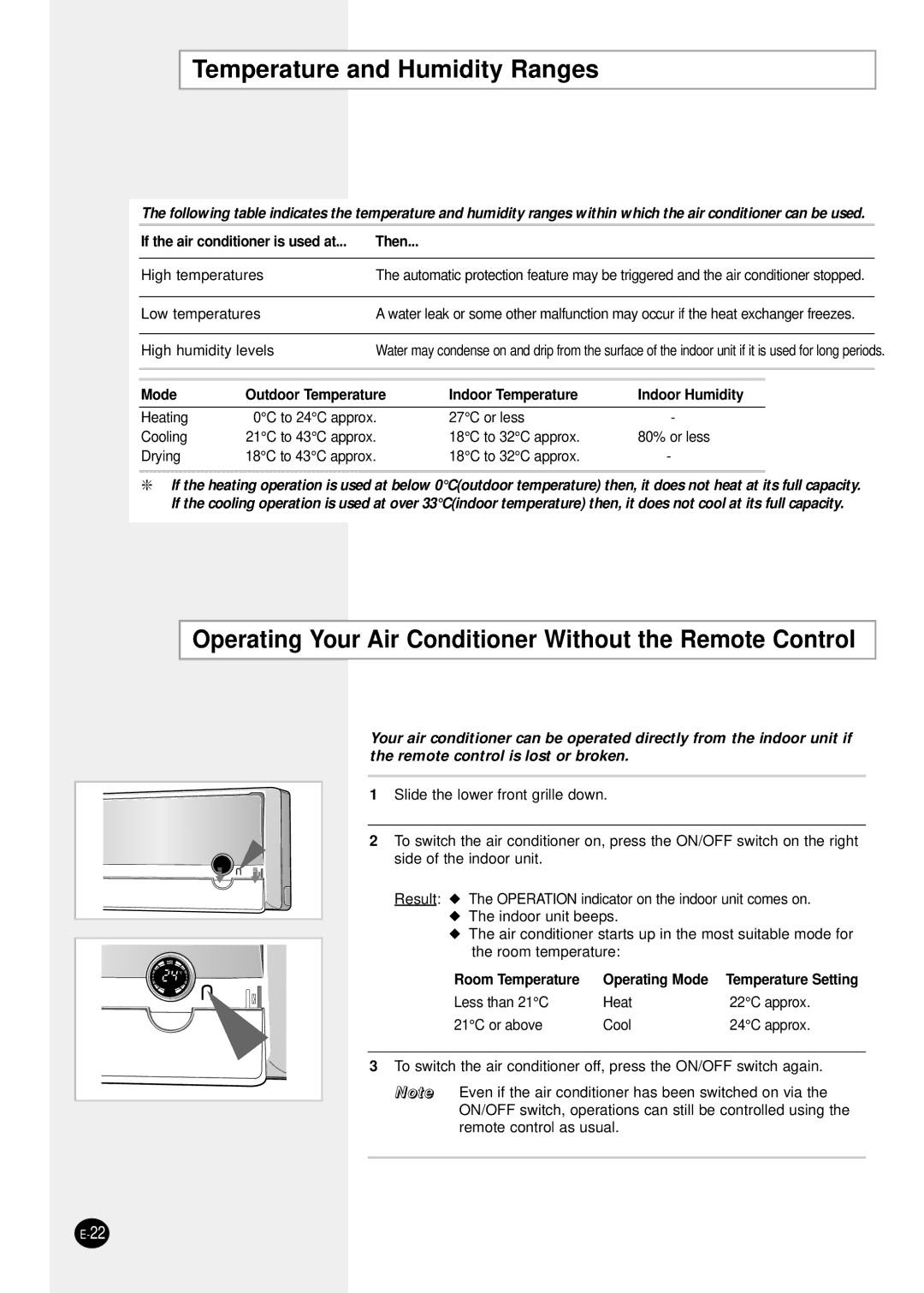 Samsung AQT24P6GB/UMG manual Temperature and Humidity Ranges, Operating Your Air Conditioner Without the Remote Control 