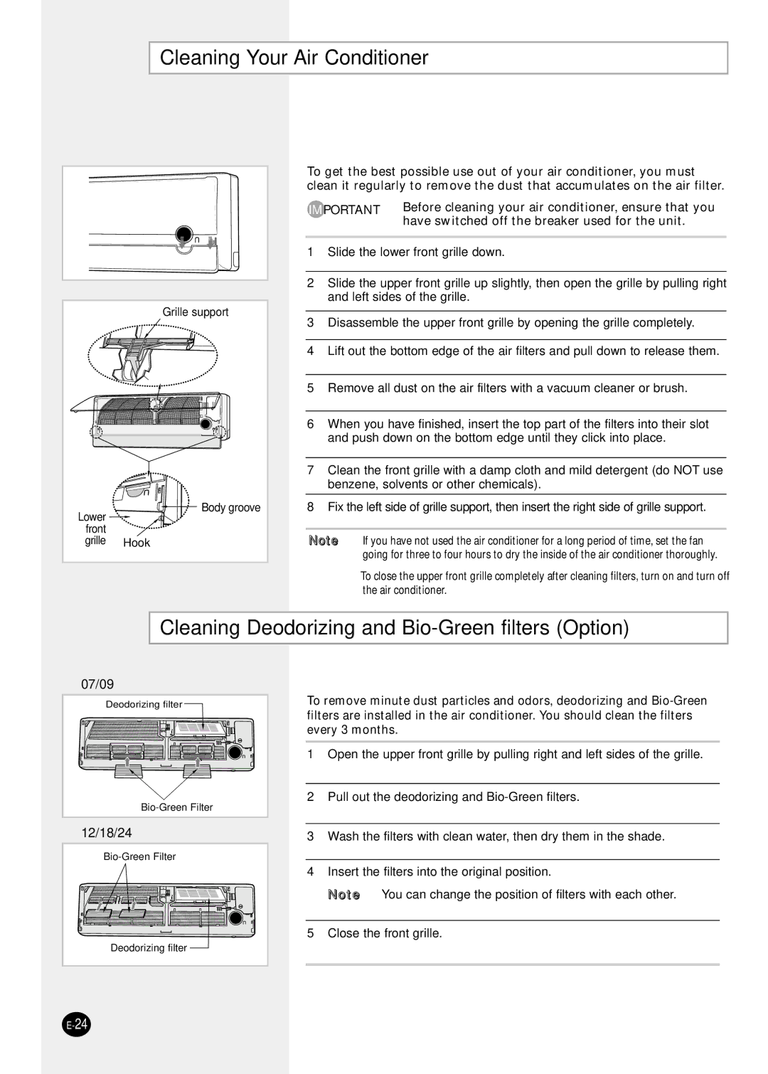 Samsung AQT18P0GB/UMG, AQT24P6GB/UMG manual Cleaning Your Air Conditioner, Cleaning Deodorizing and Bio-Green filters Option 