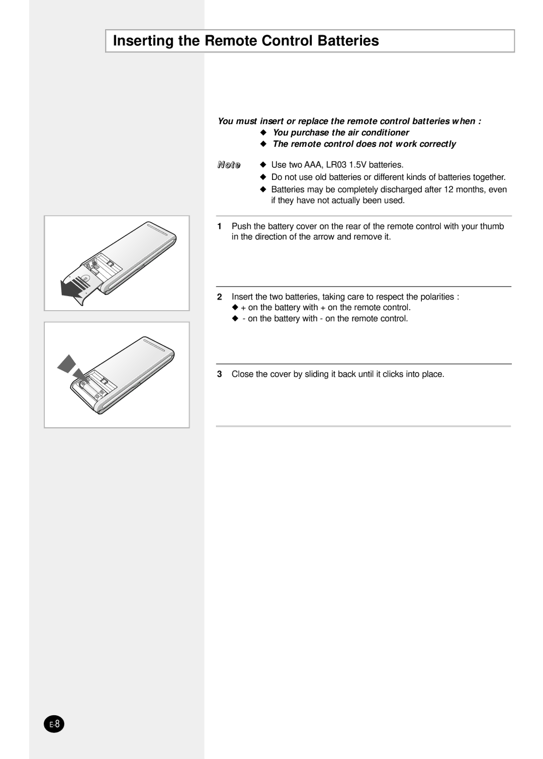 Samsung AQT18P0GE-HAC, AQT18P0GB/UMG, AQT24P6GB/UMG manual Inserting the Remote Control Batteries 