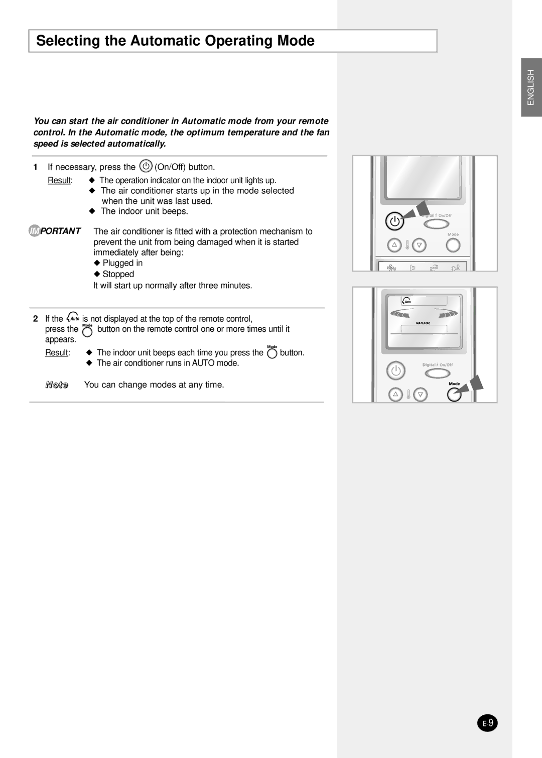 Samsung AQT18P0GB/UMG, AQT24P6GB/UMG, AQT18P0GE-HAC manual Selecting the Automatic Operating Mode 