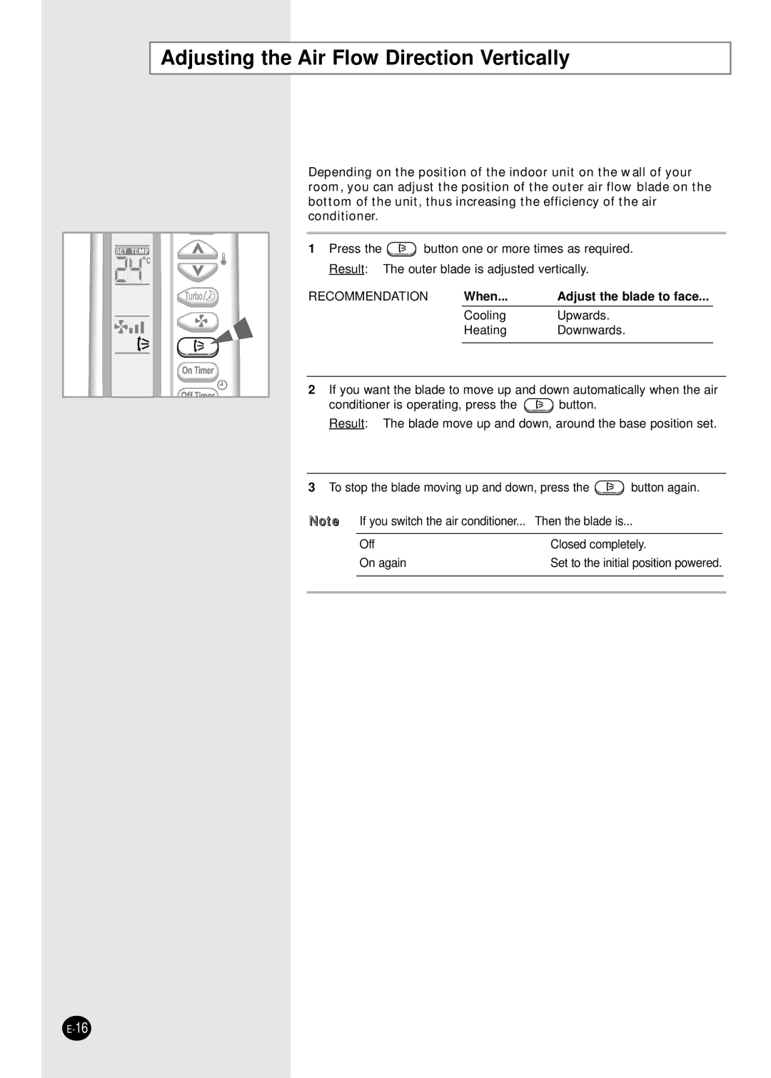 Samsung AQT18S0GB/UMG, AQT18S0GE/MID manual Adjusting the Air Flow Direction Vertically, Recommendation 