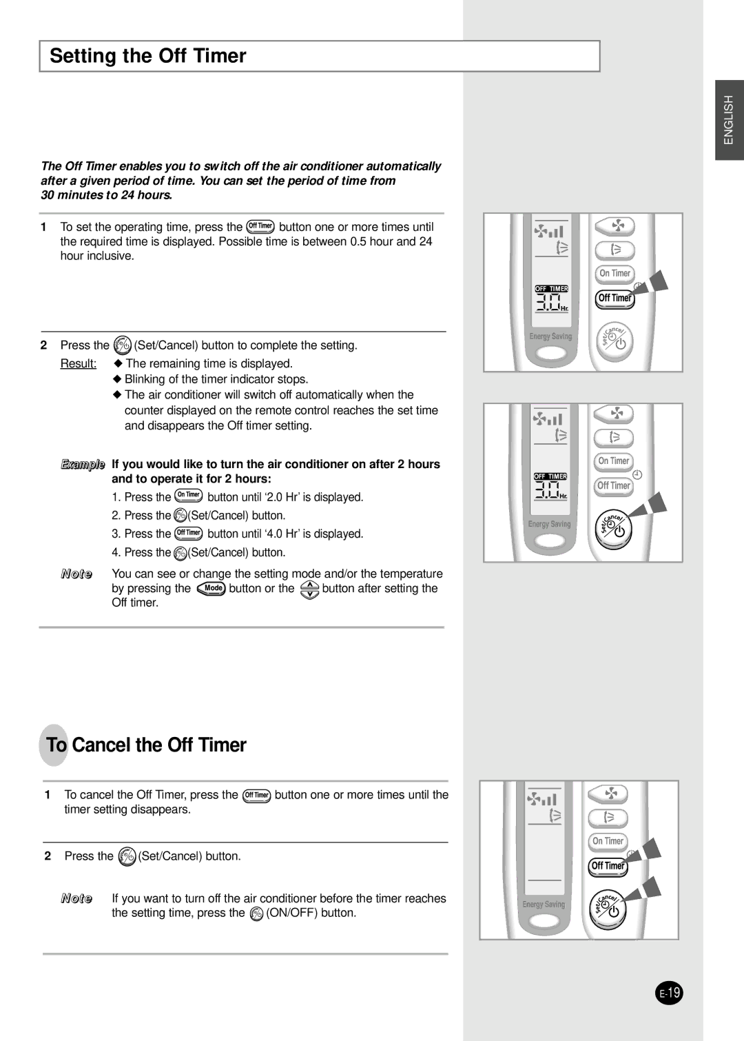 Samsung AQT18S0GE/MID, AQT18S0GB/UMG manual Setting the Off Timer, To Cancel the Off Timer 