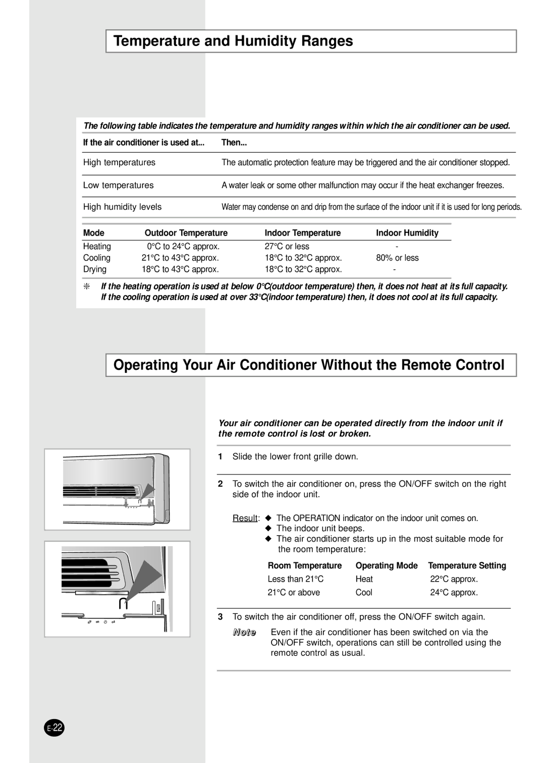 Samsung AQT18S0GB/UMG manual Temperature and Humidity Ranges, Operating Your Air Conditioner Without the Remote Control 