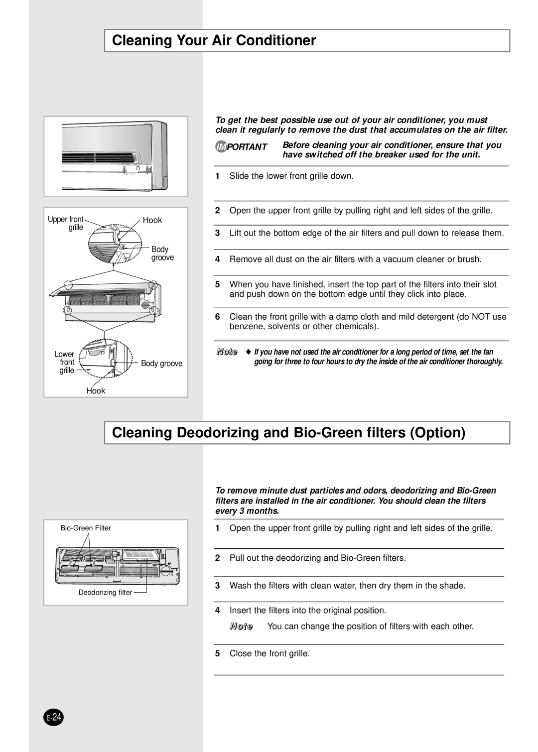 Samsung AQT18S0GB/UMG, AQT18S0GE/MID manual Cleaning Your Air Conditioner, Cleaning Deodorizing and Bio-Green filters Option 